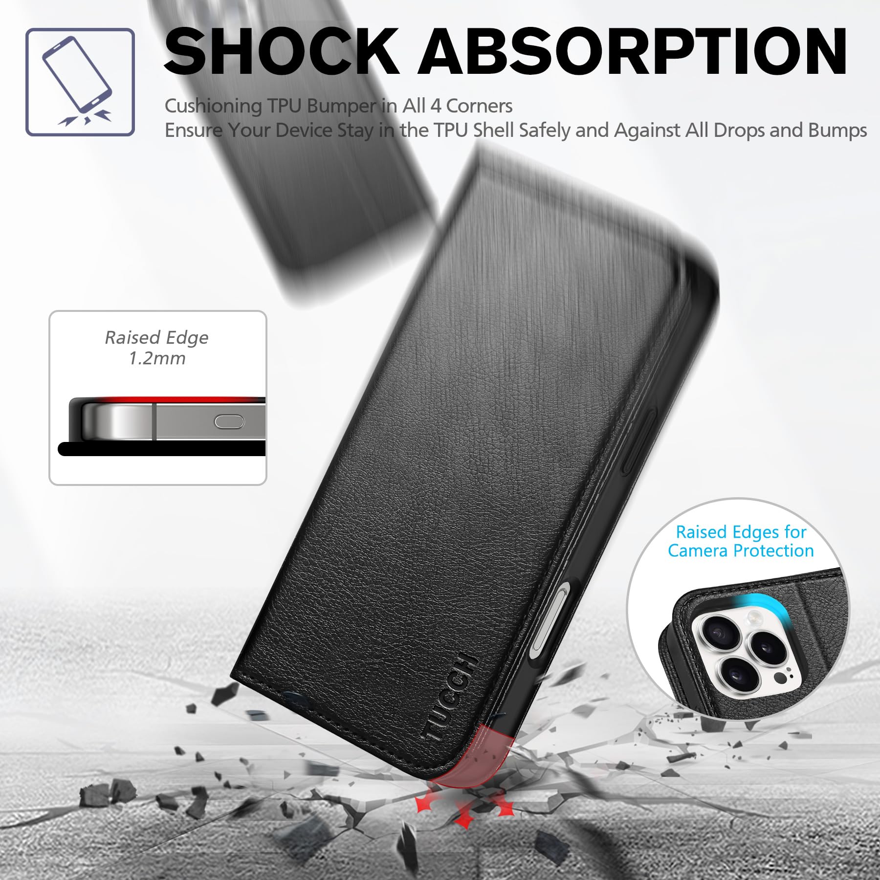 TUCCH Case Wallet for iPhone 16, [3 Card Slots] Kickstand PU Leather [RFID Blocking] Flip Folio Cover with [TPU Shockproof Interior Shell] 6.1" 2024, Classic Black