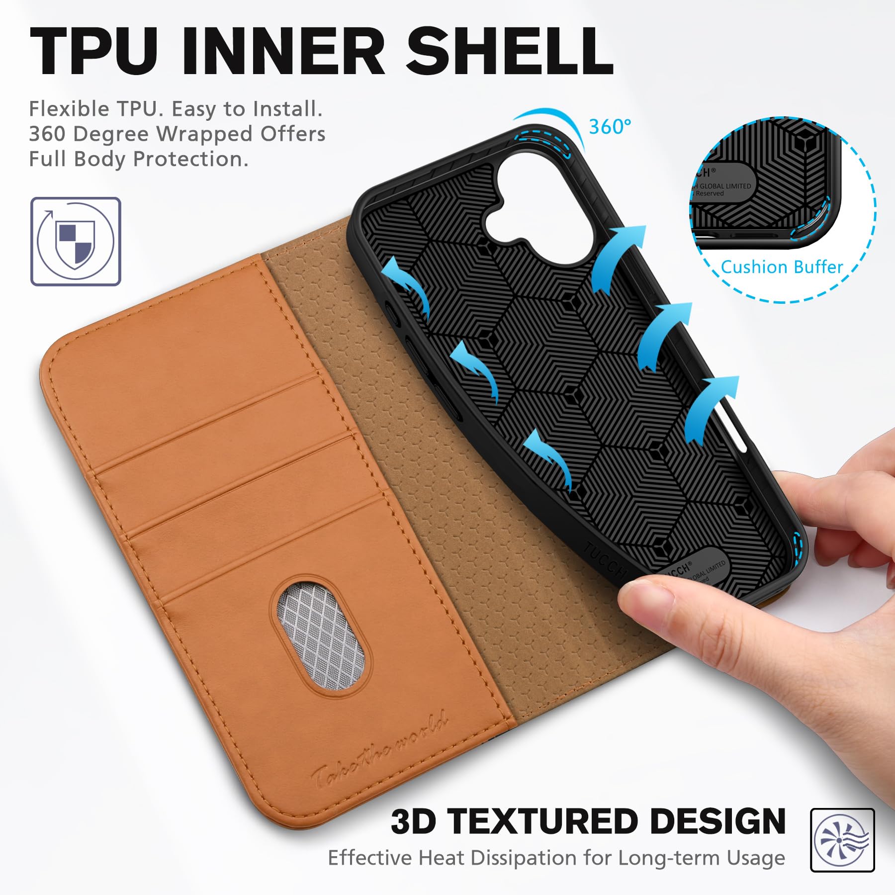 TUCCH Case Wallet for iPhone 16, [3 Card Slots] Kickstand PU Leather [RFID Blocking] Flip Folio Cover with [TPU Shockproof Interior Shell] 6.1" 2024, Classic Black