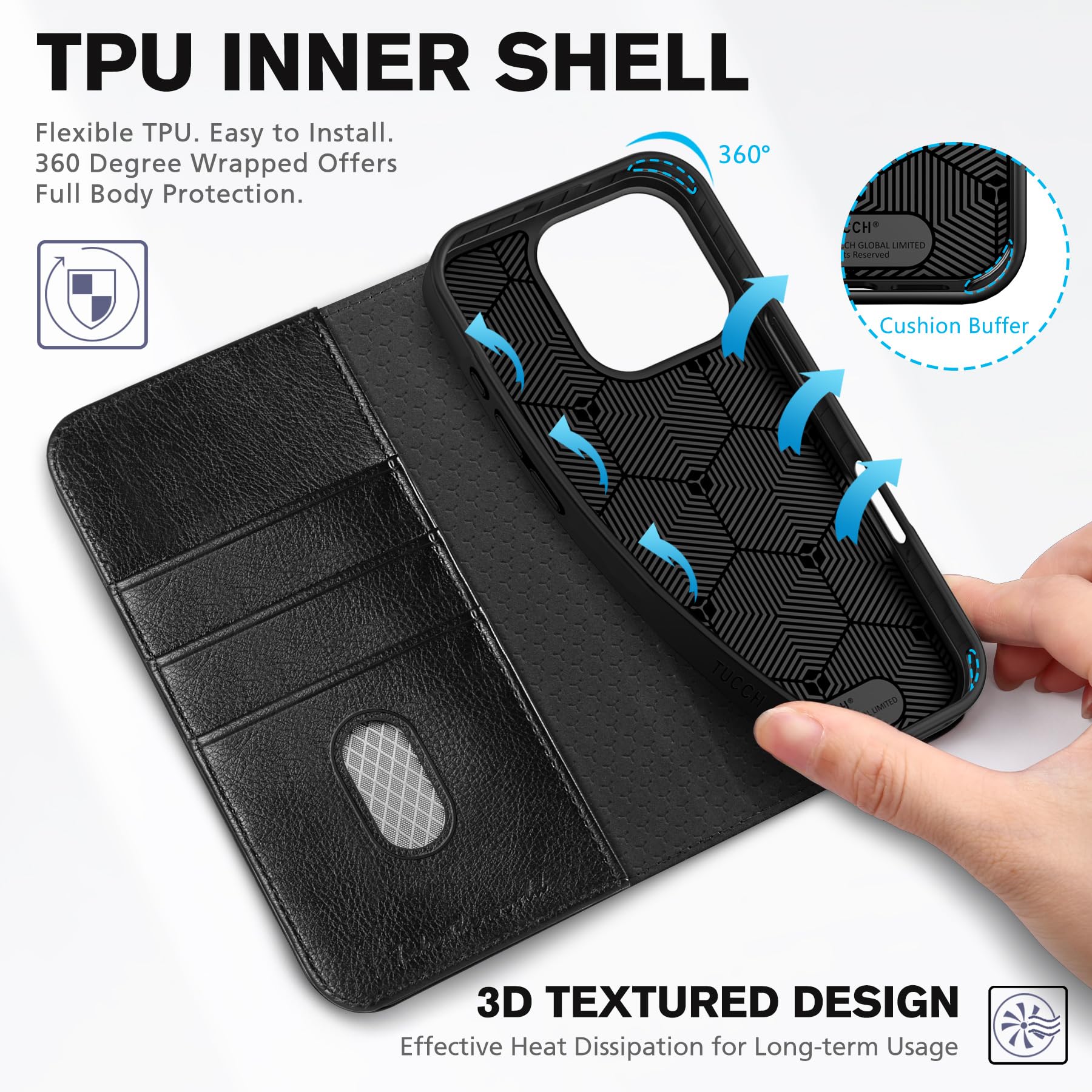 TUCCH Case Wallet for iPhone 16, [3 Card Slots] Kickstand PU Leather [RFID Blocking] Flip Folio Cover with [TPU Shockproof Interior Shell] 6.1" 2024, Classic Black