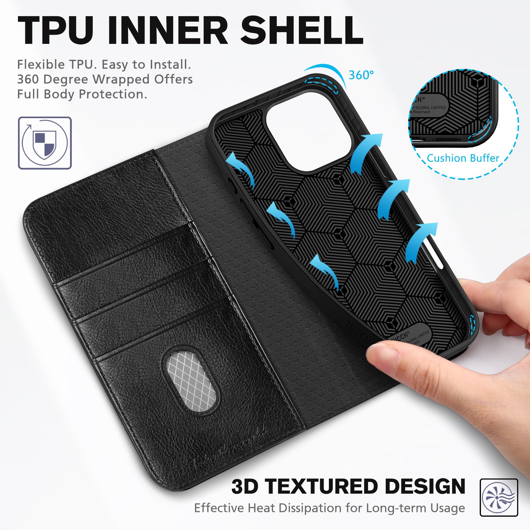 TUCCH Case Wallet for iPhone 16, [3 Card Slots] Kickstand PU Leather [RFID Blocking] Flip Folio Cover with [TPU Shockproof Interior Shell] 6.1" 2024, Classic Black