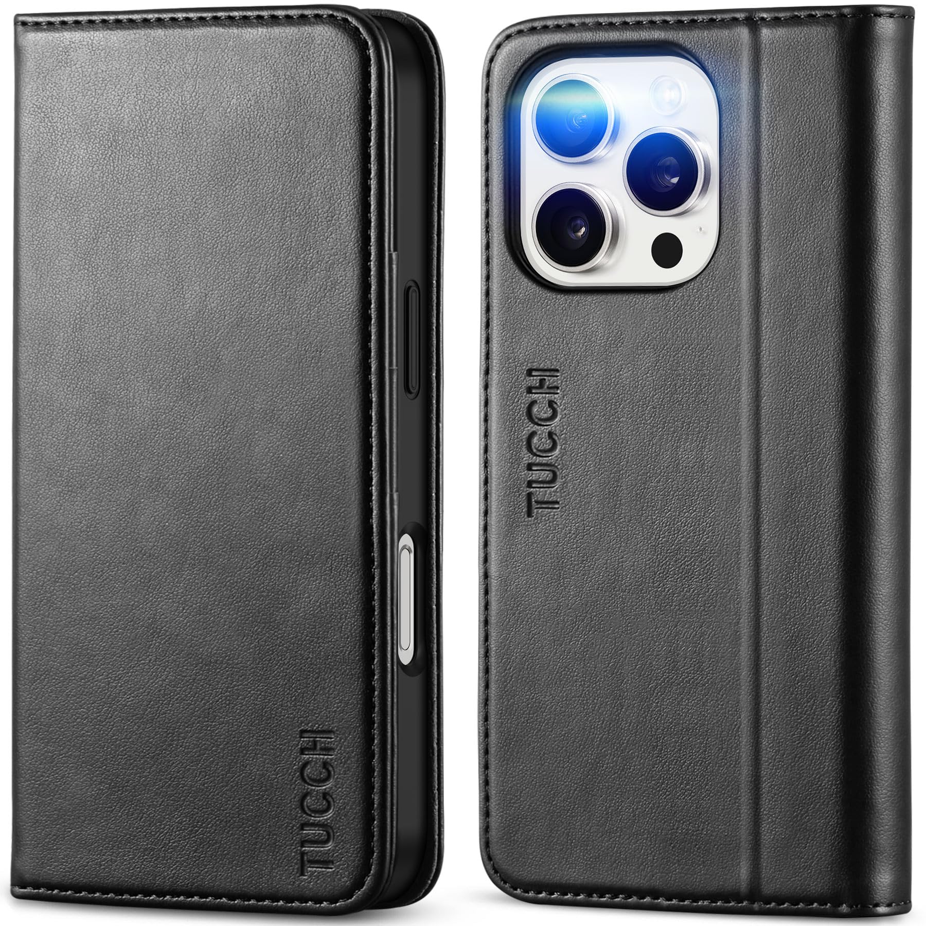 TUCCH Case Wallet for iPhone 16, [3 Card Slots] Kickstand PU Leather [RFID Blocking] Flip Folio Cover with [TPU Shockproof Interior Shell] 6.1" 2024, Classic Black