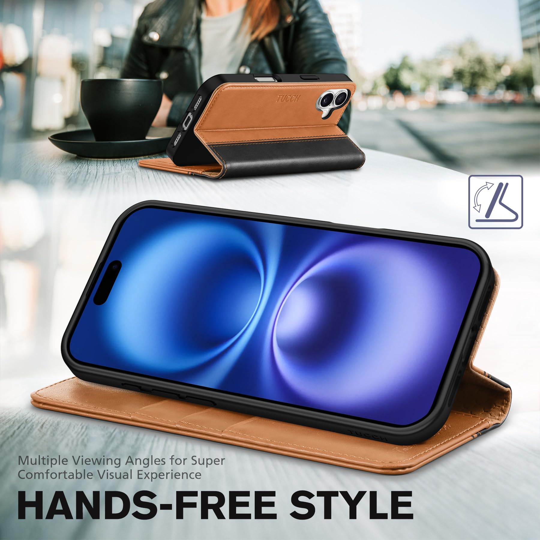 TUCCH Case Wallet for iPhone 16, [3 Card Slots] Kickstand PU Leather [RFID Blocking] Flip Folio Cover with [TPU Shockproof Interior Shell] 6.1" 2024, Classic Black