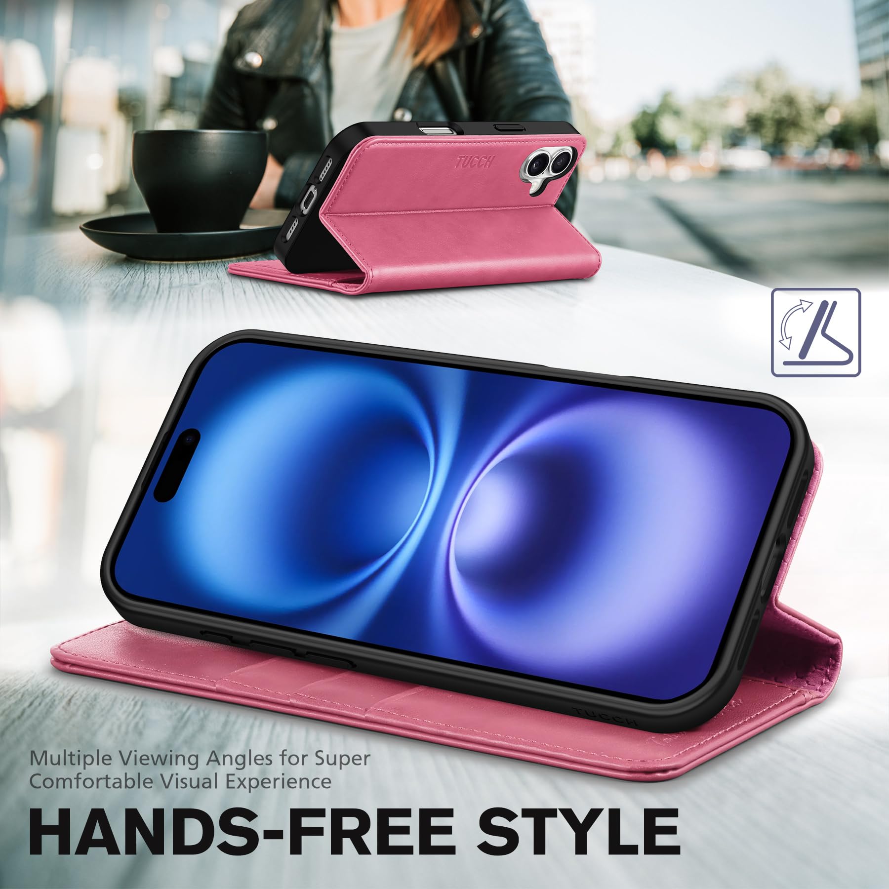 TUCCH Case Wallet for iPhone 16, [3 Card Slots] Kickstand PU Leather [RFID Blocking] Flip Folio Cover with [TPU Shockproof Interior Shell] 6.1" 2024, Classic Black