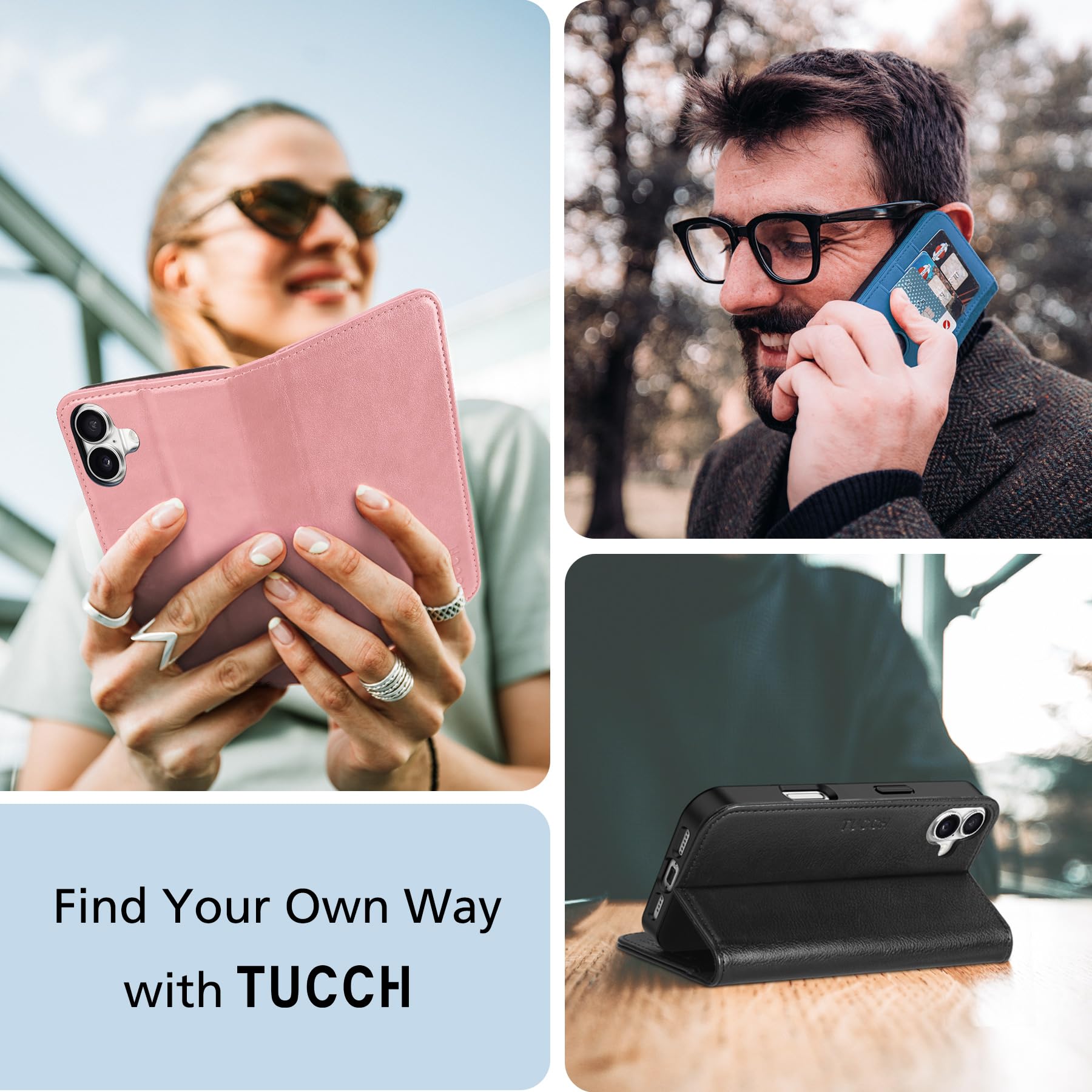 TUCCH Case Wallet for iPhone 16, [3 Card Slots] Kickstand PU Leather [RFID Blocking] Flip Folio Cover with [TPU Shockproof Interior Shell] 6.1" 2024, Classic Black