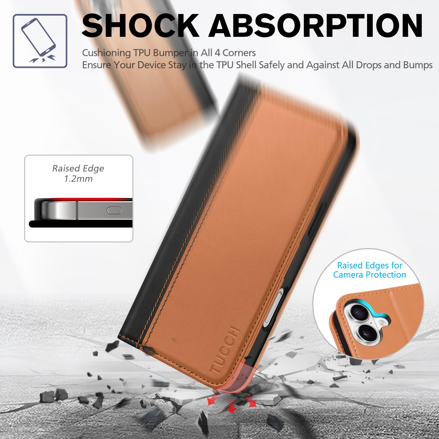 TUCCH Case Wallet for iPhone 16, [3 Card Slots] Kickstand PU Leather [RFID Blocking] Flip Folio Cover with [TPU Shockproof Interior Shell] 6.1" 2024, Classic Black