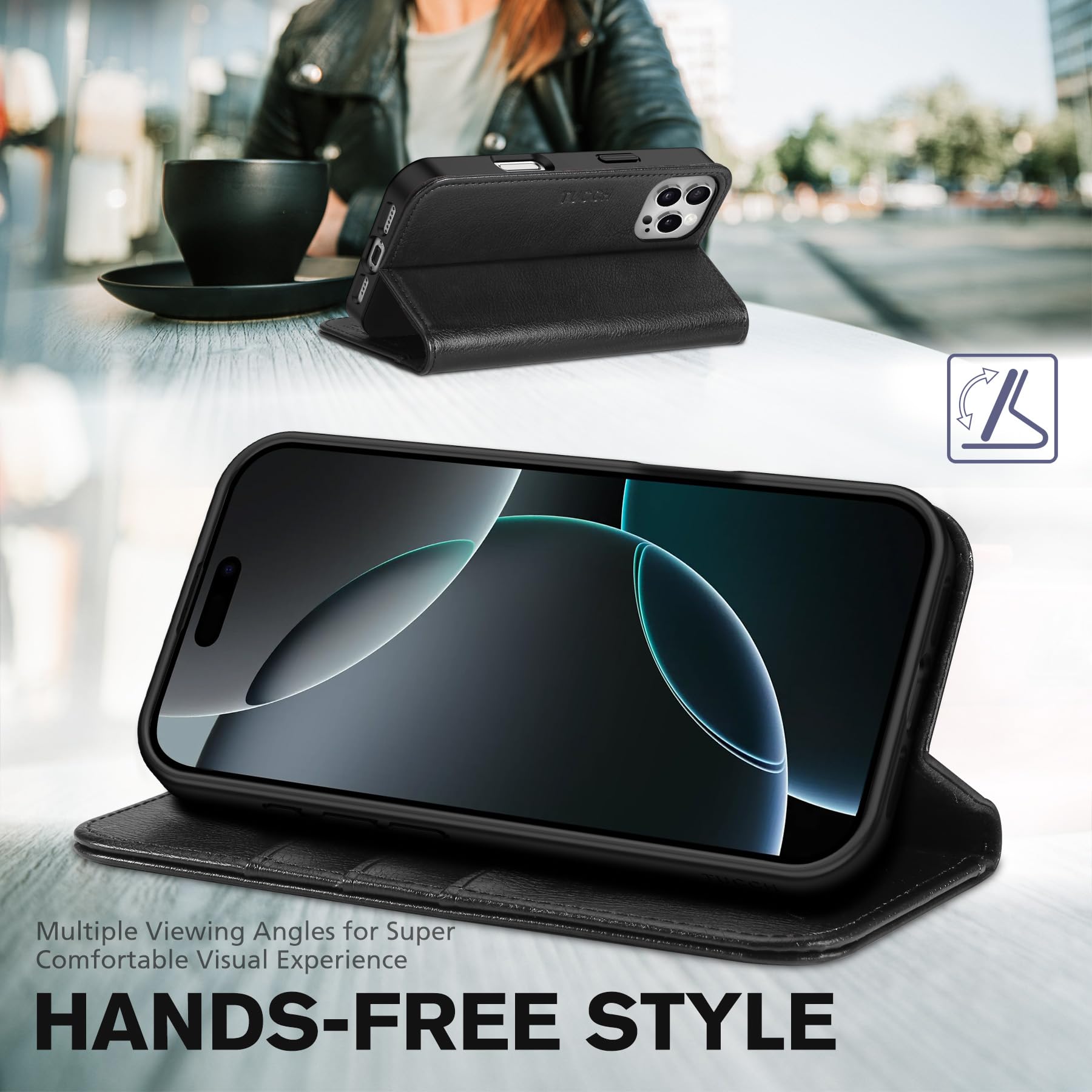 TUCCH Case Wallet for iPhone 16, [3 Card Slots] Kickstand PU Leather [RFID Blocking] Flip Folio Cover with [TPU Shockproof Interior Shell] 6.1" 2024, Classic Black