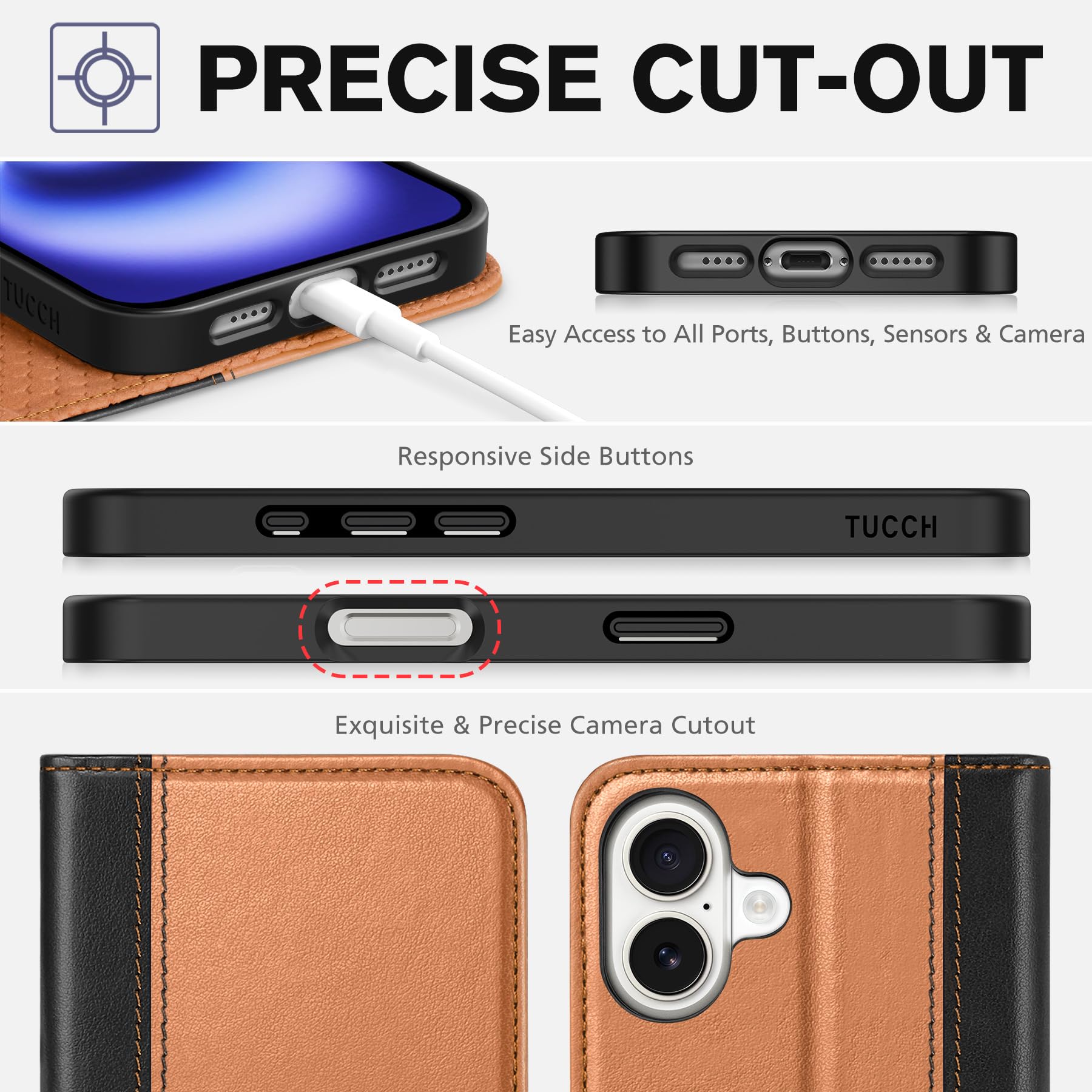 TUCCH Case Wallet for iPhone 16, [3 Card Slots] Kickstand PU Leather [RFID Blocking] Flip Folio Cover with [TPU Shockproof Interior Shell] 6.1" 2024, Classic Black