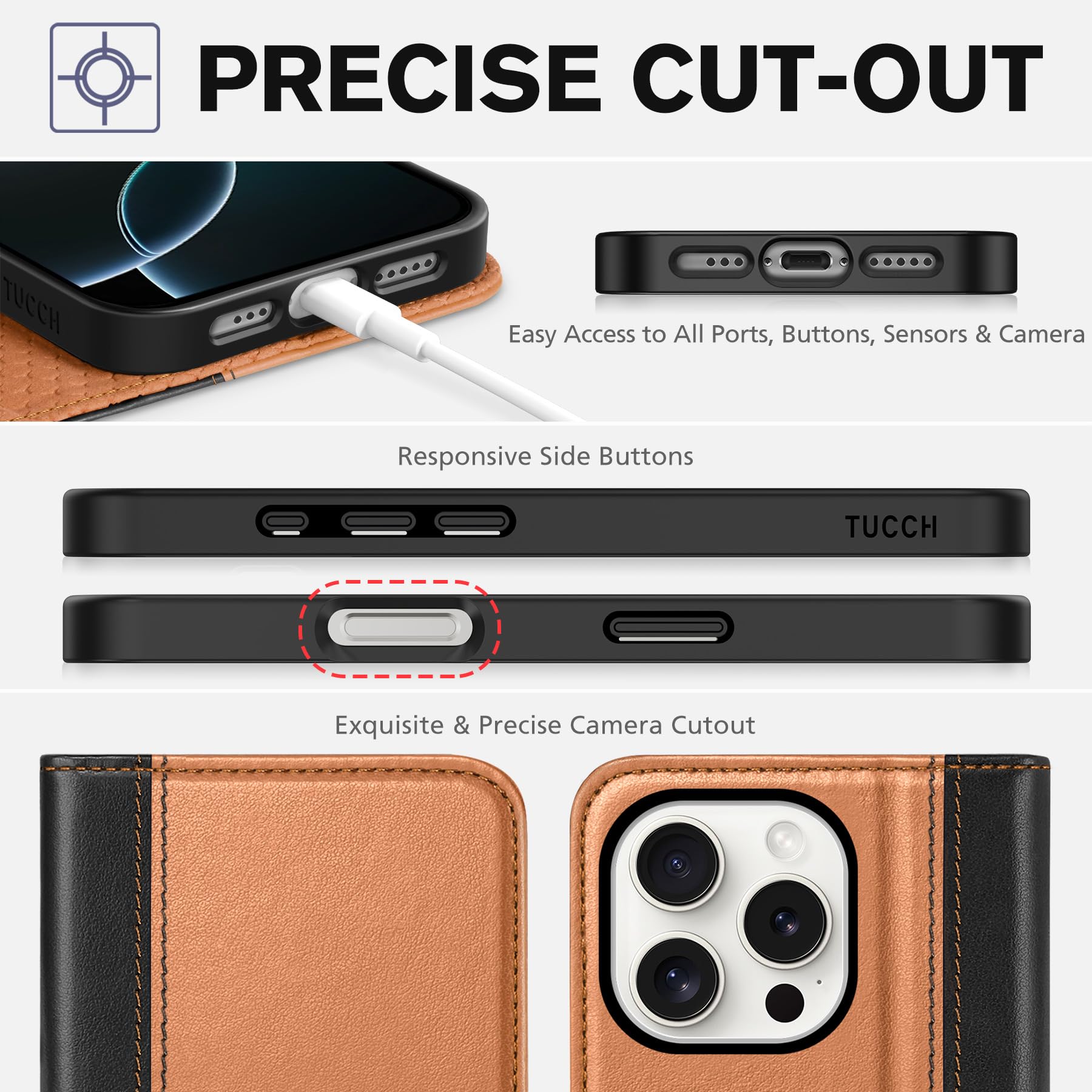 TUCCH Case Wallet for iPhone 16, [3 Card Slots] Kickstand PU Leather [RFID Blocking] Flip Folio Cover with [TPU Shockproof Interior Shell] 6.1" 2024, Classic Black