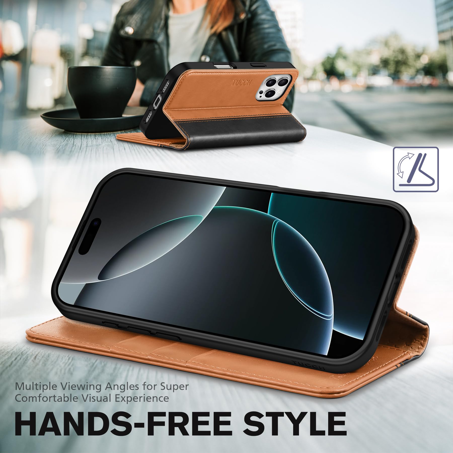 TUCCH Case Wallet for iPhone 16, [3 Card Slots] Kickstand PU Leather [RFID Blocking] Flip Folio Cover with [TPU Shockproof Interior Shell] 6.1" 2024, Classic Black