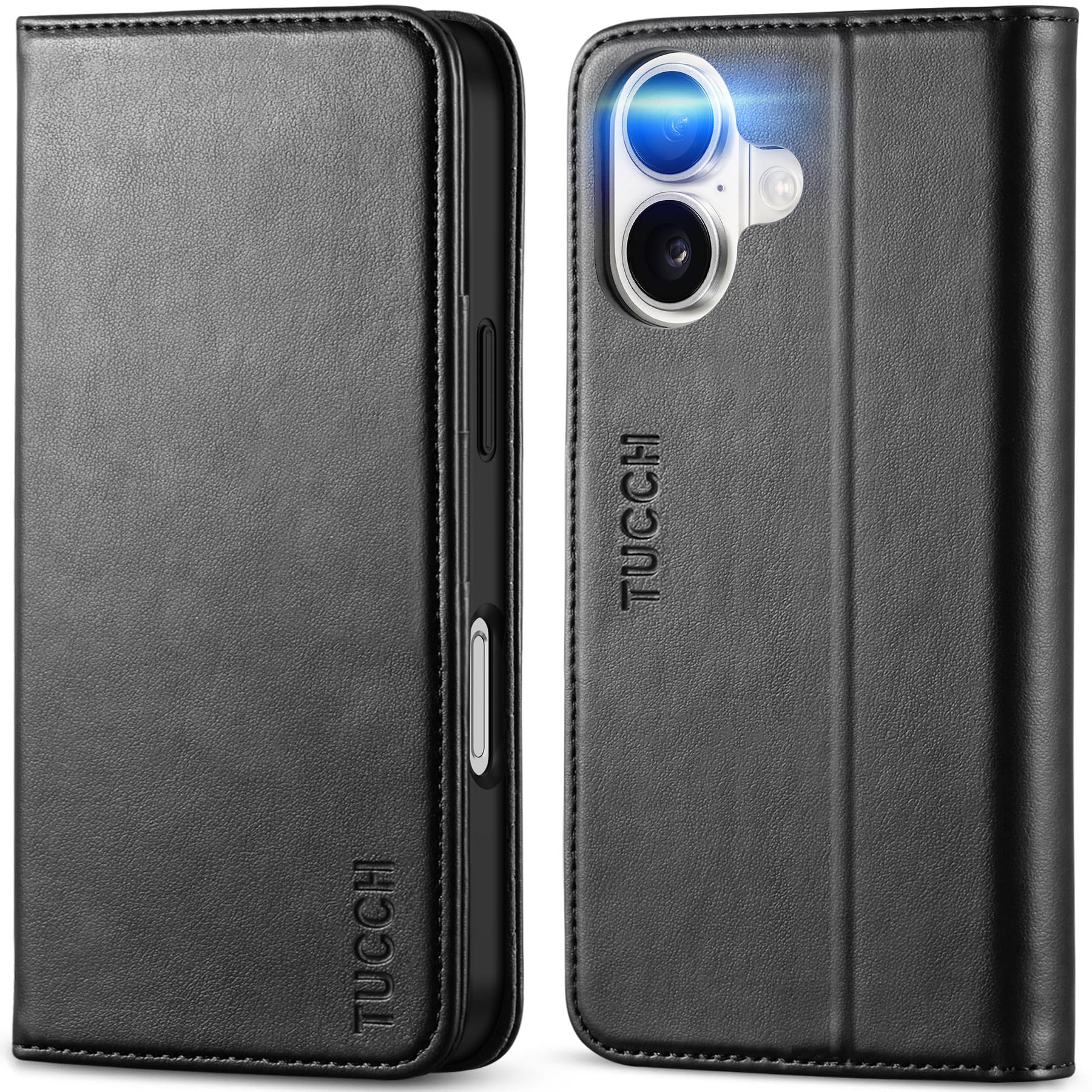 TUCCH Case Wallet for iPhone 16, [3 Card Slots] Kickstand PU Leather [RFID Blocking] Flip Folio Cover with [TPU Shockproof Interior Shell] 6.1" 2024, Classic Black
