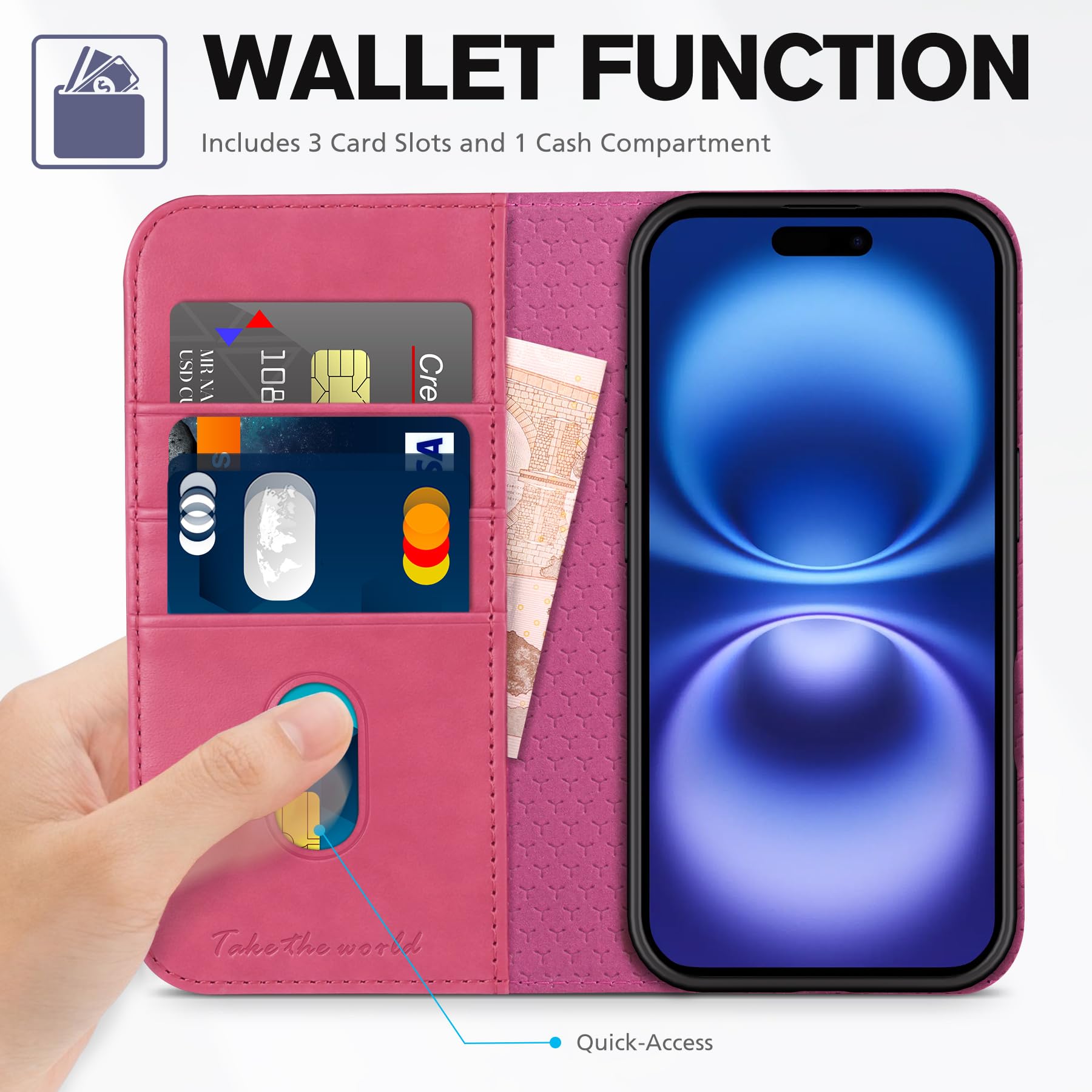 TUCCH Case Wallet for iPhone 16, [3 Card Slots] Kickstand PU Leather [RFID Blocking] Flip Folio Cover with [TPU Shockproof Interior Shell] 6.1" 2024, Classic Black