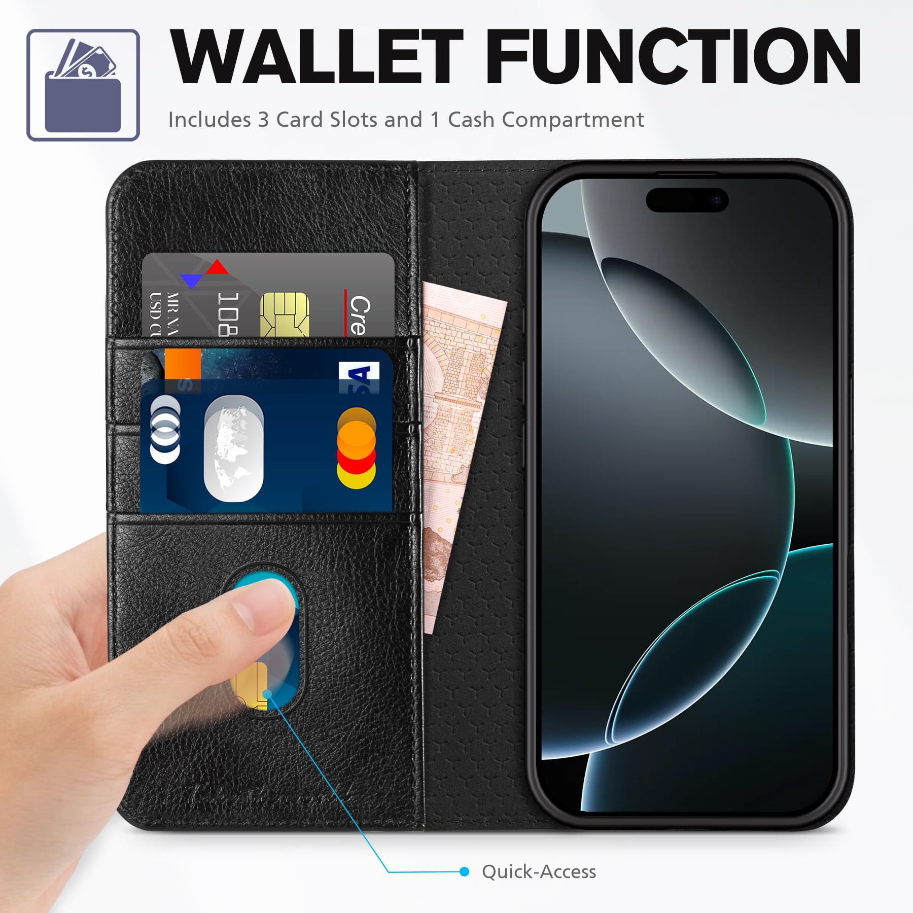 TUCCH Case Wallet for iPhone 16, [3 Card Slots] Kickstand PU Leather [RFID Blocking] Flip Folio Cover with [TPU Shockproof Interior Shell] 6.1" 2024, Classic Black