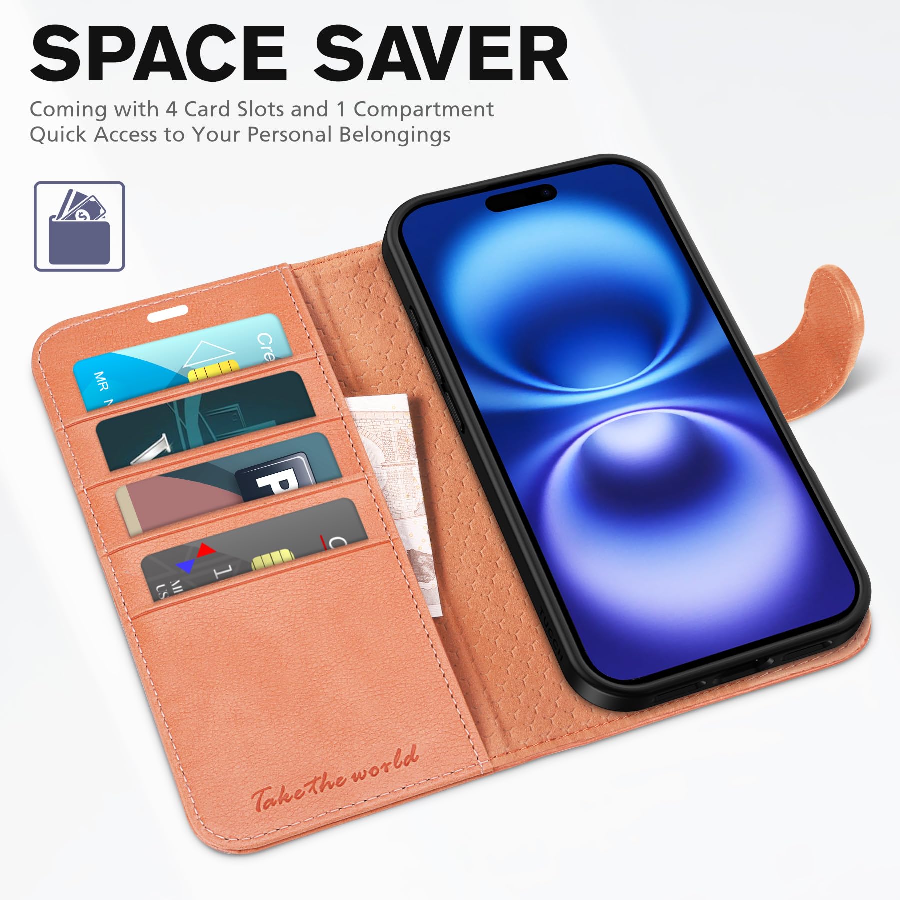 TUCCH Case Wallet for iPhone 16 Plus, RFID Blocking 4 Card Holder Kickstand [Shockproof TPU Interior Shell], PU Leather Magnetic Protective Flip Cover 6.7" 2024, Black