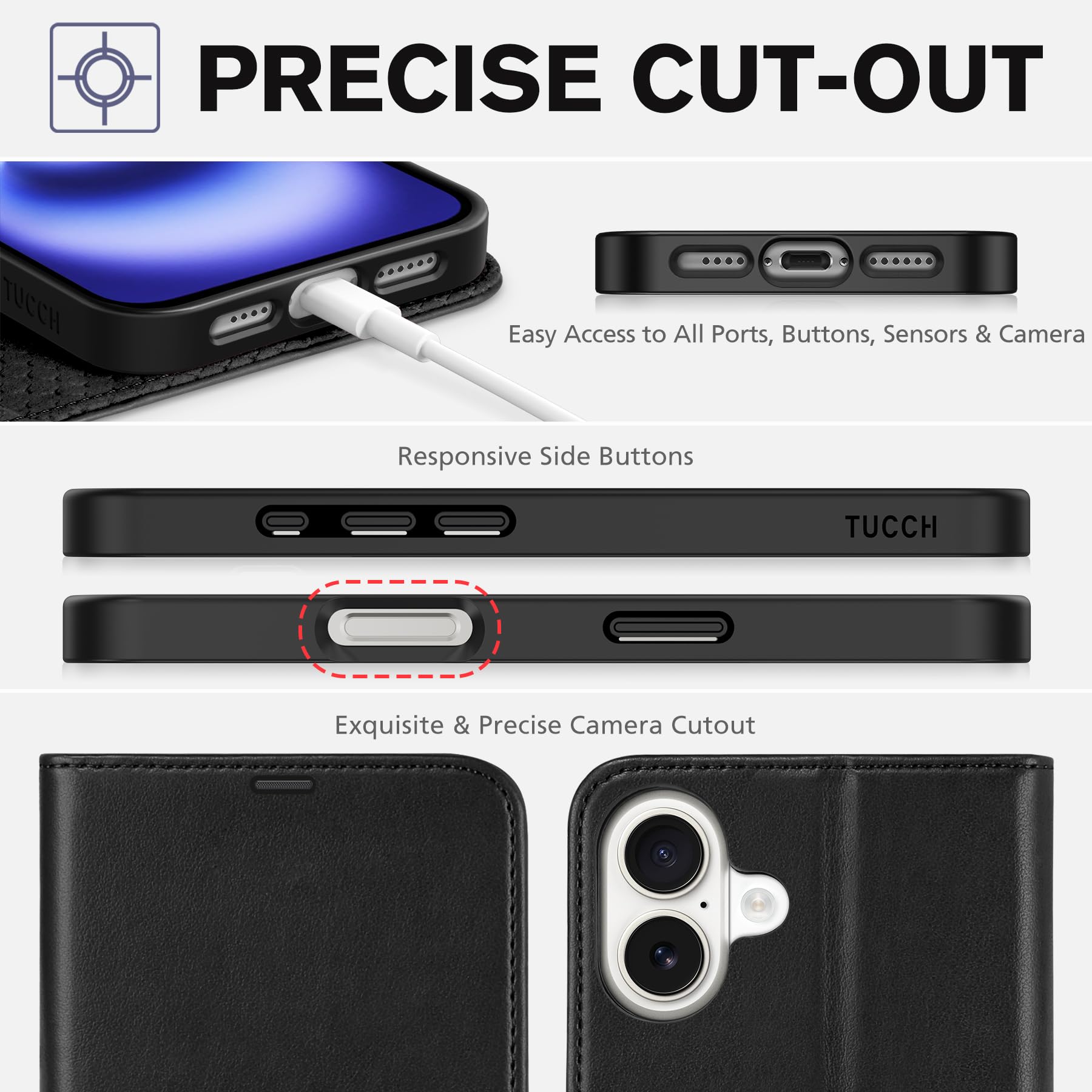 TUCCH Case Wallet for iPhone 16 Plus, RFID Blocking 4 Card Holder Kickstand [Shockproof TPU Interior Shell], PU Leather Magnetic Protective Flip Cover 6.7" 2024, Black