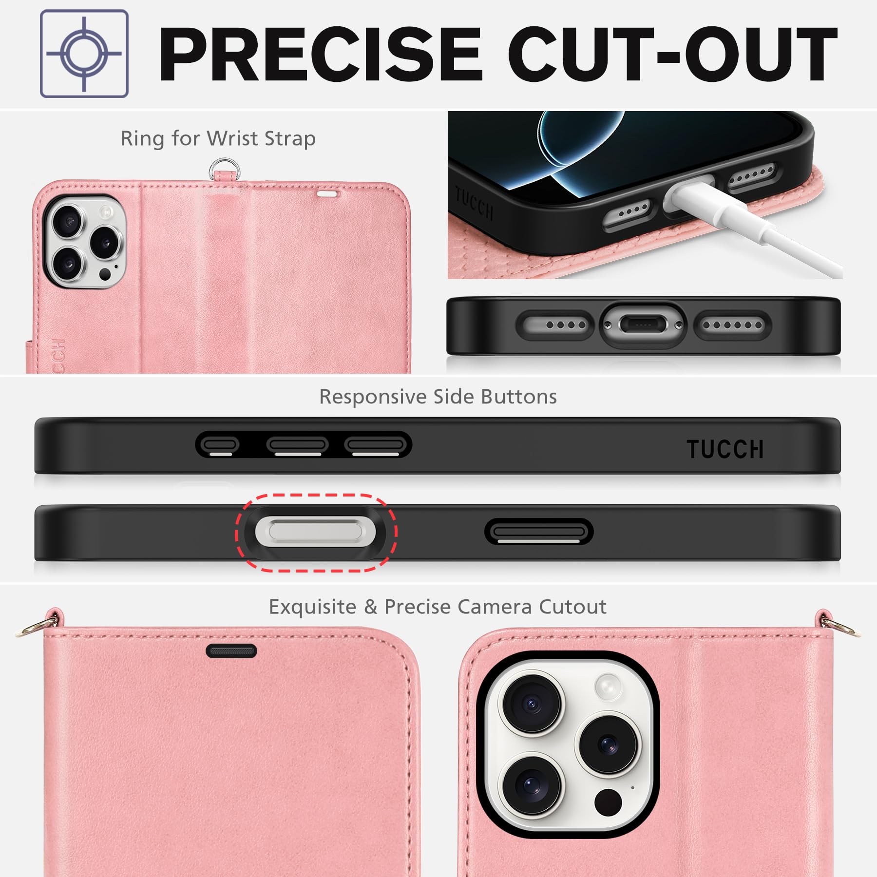 TUCCH Case Wallet for iPhone 16 Pro Max, [Wrist Strap] RFID Blocking 4 Card Slots Kickstand [Soft TPU Shell], PU Leather Magnetic Flip Cover Compatible with iPhone 16 Pro Max, Black with Wristlet