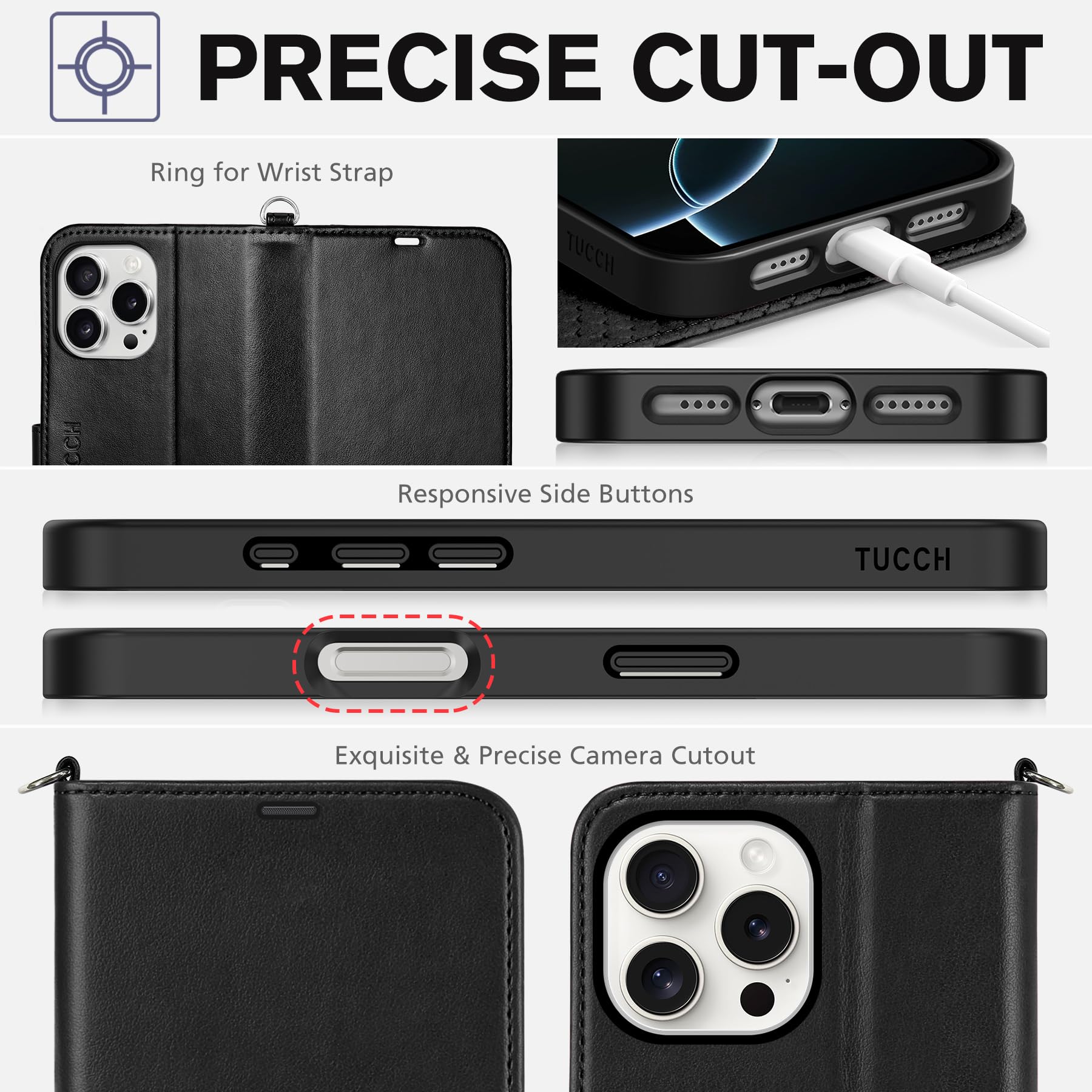 TUCCH Case Wallet for iPhone 16 Pro Max, [Wrist Strap] RFID Blocking 4 Card Slots Kickstand [Soft TPU Shell], PU Leather Magnetic Flip Cover Compatible with iPhone 16 Pro Max, Black with Wristlet