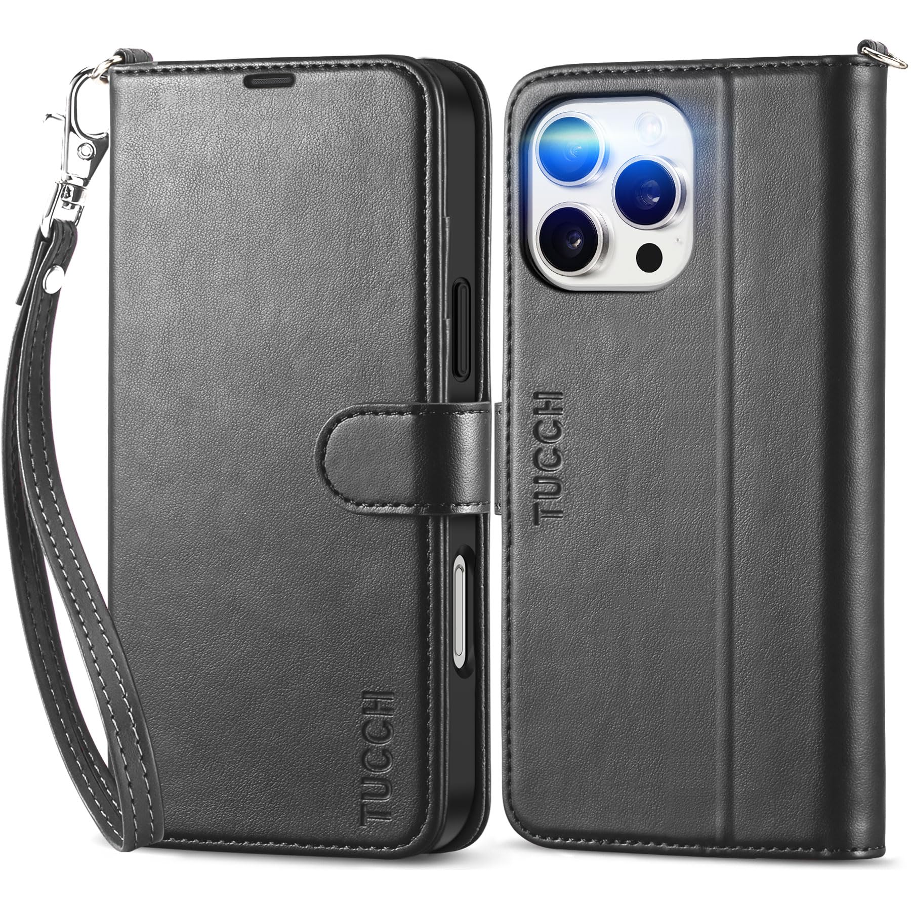TUCCH Case Wallet for iPhone 16 Pro Max, [Wrist Strap] RFID Blocking 4 Card Slots Kickstand [Soft TPU Shell], PU Leather Magnetic Flip Cover Compatible with iPhone 16 Pro Max, Black with Wristlet