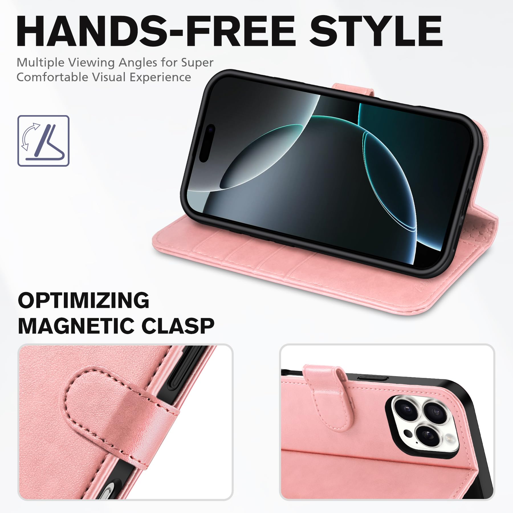 TUCCH Case Wallet for iPhone 16 Pro Max, [Wrist Strap] RFID Blocking 4 Card Slots Kickstand [Soft TPU Shell], PU Leather Magnetic Flip Cover Compatible with iPhone 16 Pro Max, Black with Wristlet