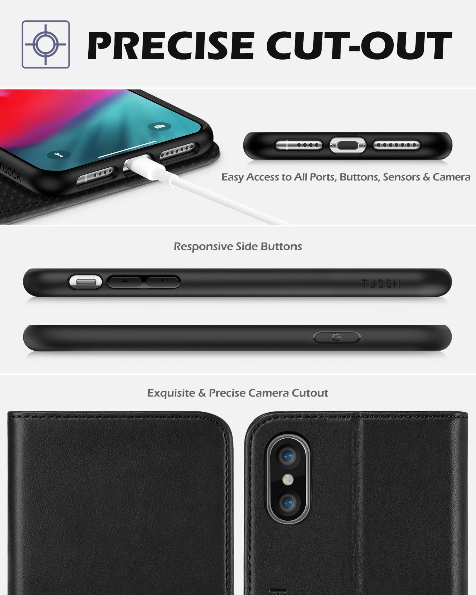 TUCCH Case Wallet for iPhone Xs Max, PU Leather Flip Cover with RFID Blocking Card Slot, Stand [Auto Wake/Sleep] Wireless Charging Shockproof TPU Shell Compatible with iPhone Xs Max 6.5", Black