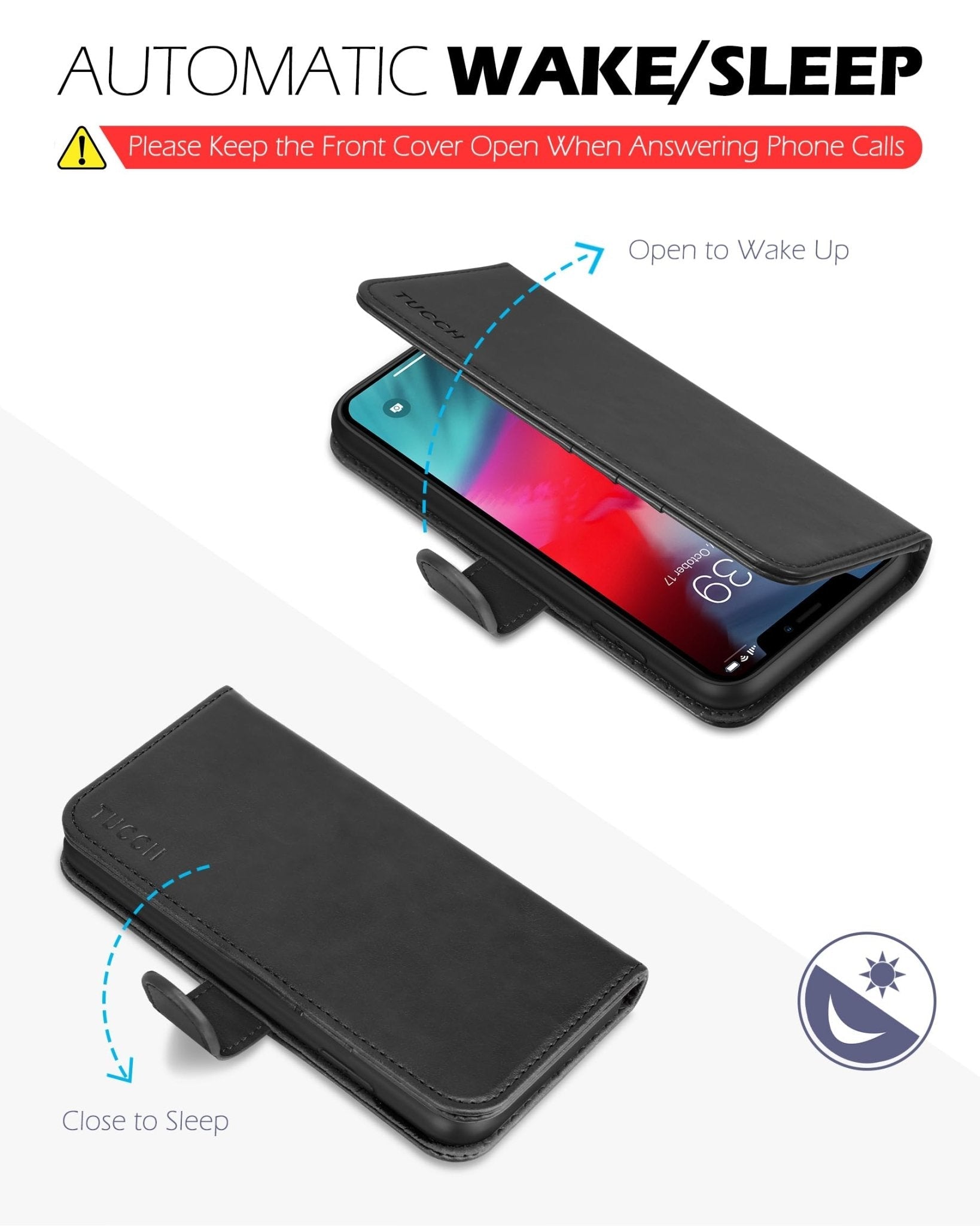 TUCCH Case Wallet for iPhone Xs Max, PU Leather Flip Cover with RFID Blocking Card Slot, Stand [Auto Wake/Sleep] Wireless Charging Shockproof TPU Shell Compatible with iPhone Xs Max 6.5", Black