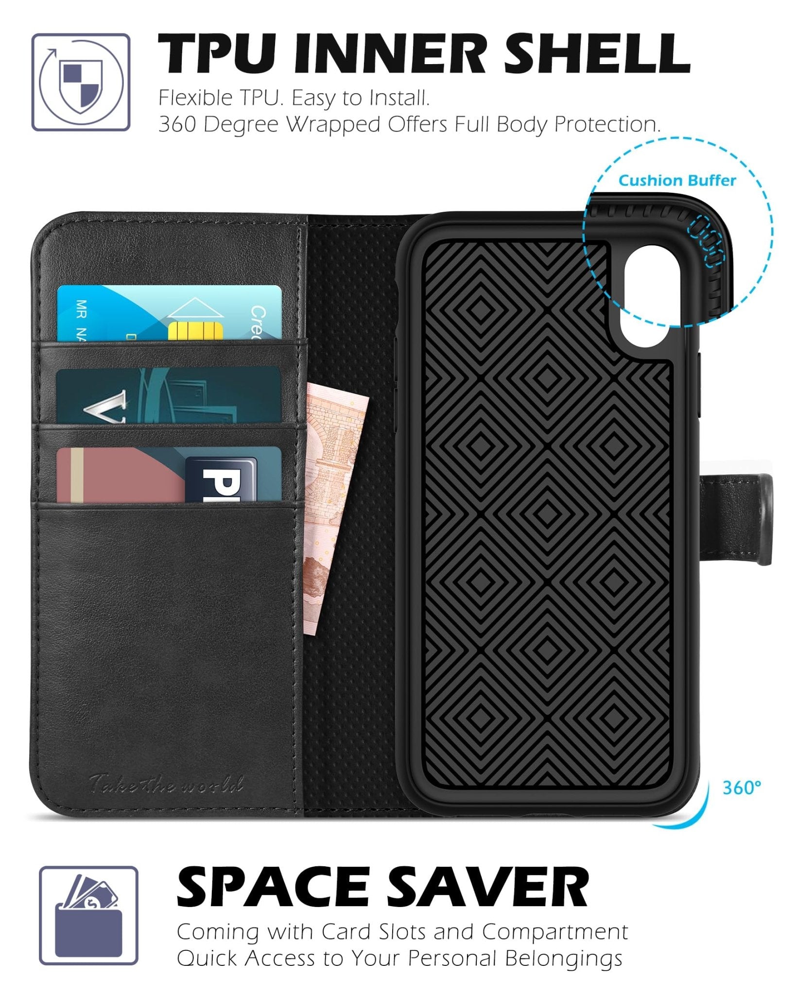 TUCCH Case Wallet for iPhone Xs Max, PU Leather Flip Cover with RFID Blocking Card Slot, Stand [Auto Wake/Sleep] Wireless Charging Shockproof TPU Shell Compatible with iPhone Xs Max 6.5", Black