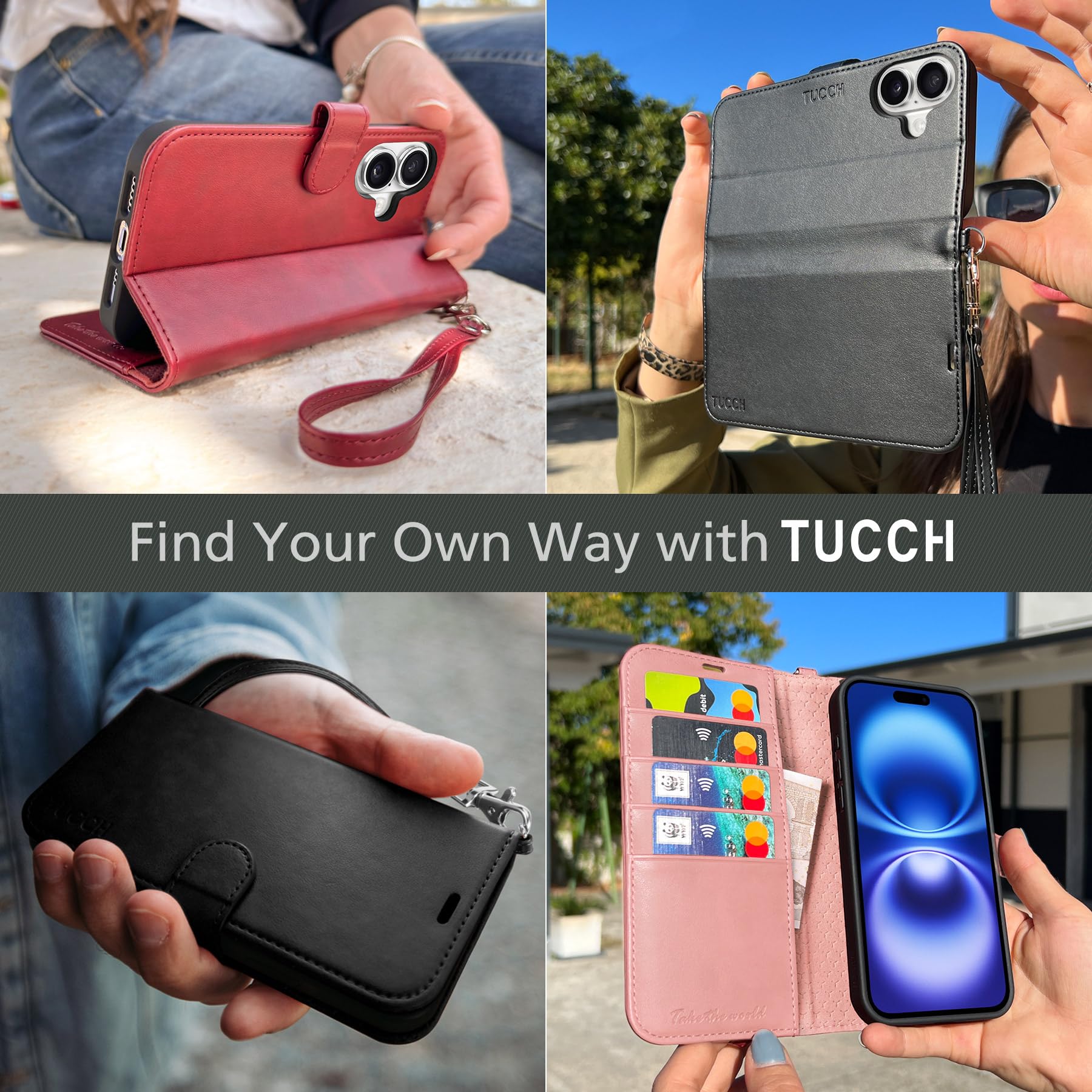 TUCCH Compatible with iPhone 16 Wallet Case, RFID Blocking 4 Card Holder Kickstand [Shockproof TPU Interior Shell], PU Leather Magnetic Closure Protective Flip Phone Cover, Black