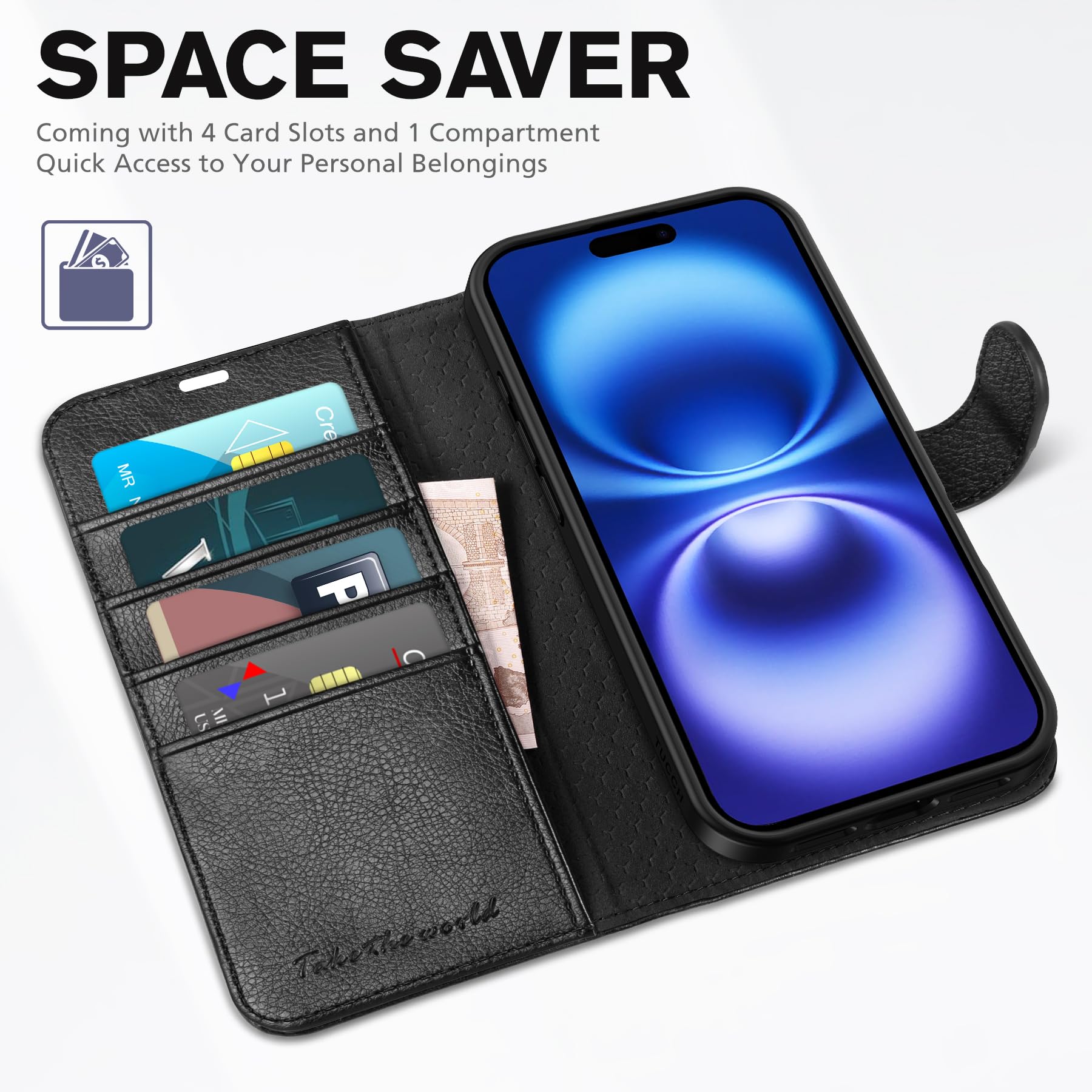 TUCCH Compatible with iPhone 16 Wallet Case, RFID Blocking 4 Card Holder Kickstand [Shockproof TPU Interior Shell], PU Leather Magnetic Closure Protective Flip Phone Cover, Black