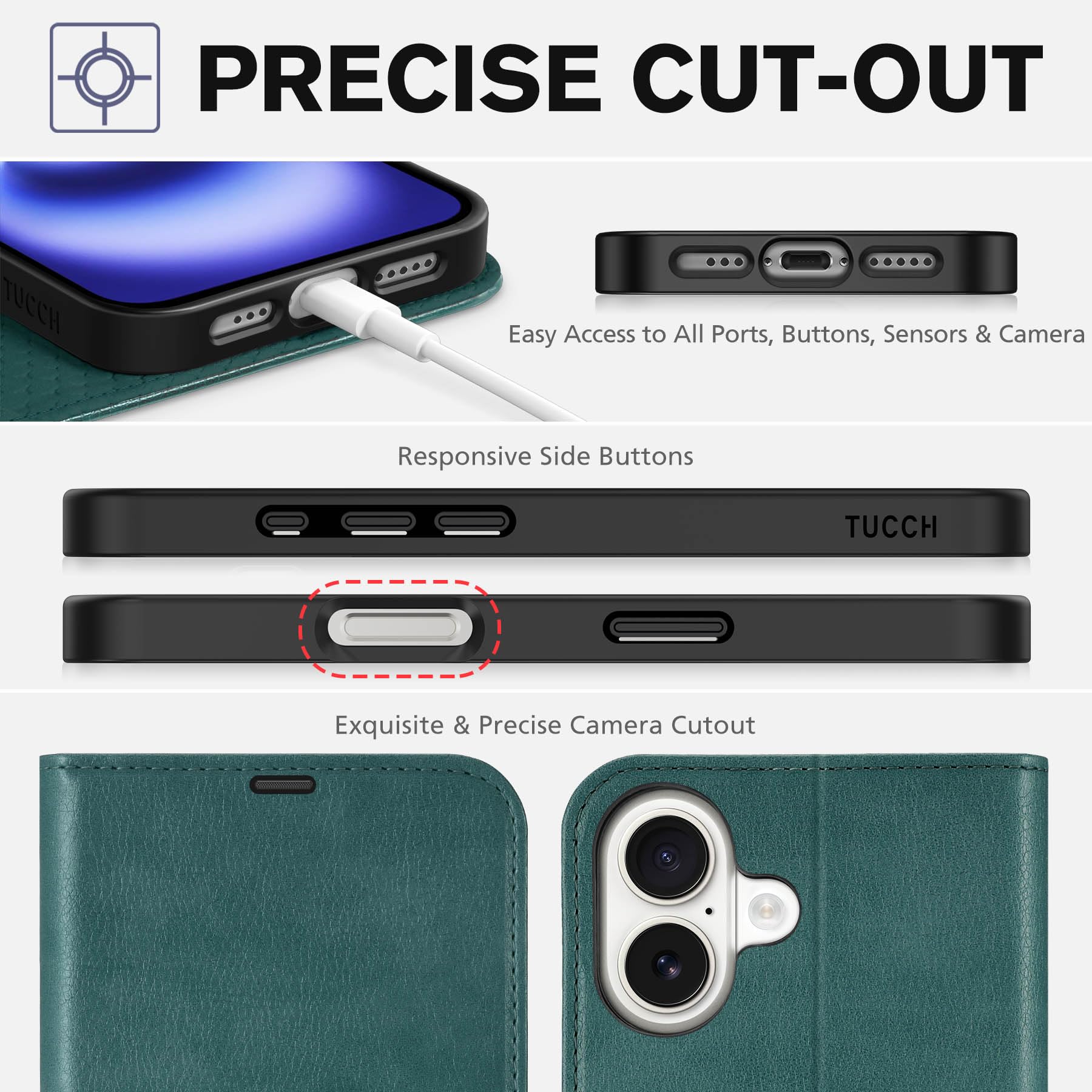 TUCCH Compatible with iPhone 16 Wallet Case, RFID Blocking 4 Card Holder Kickstand [Shockproof TPU Interior Shell], PU Leather Magnetic Closure Protective Flip Phone Cover, Black