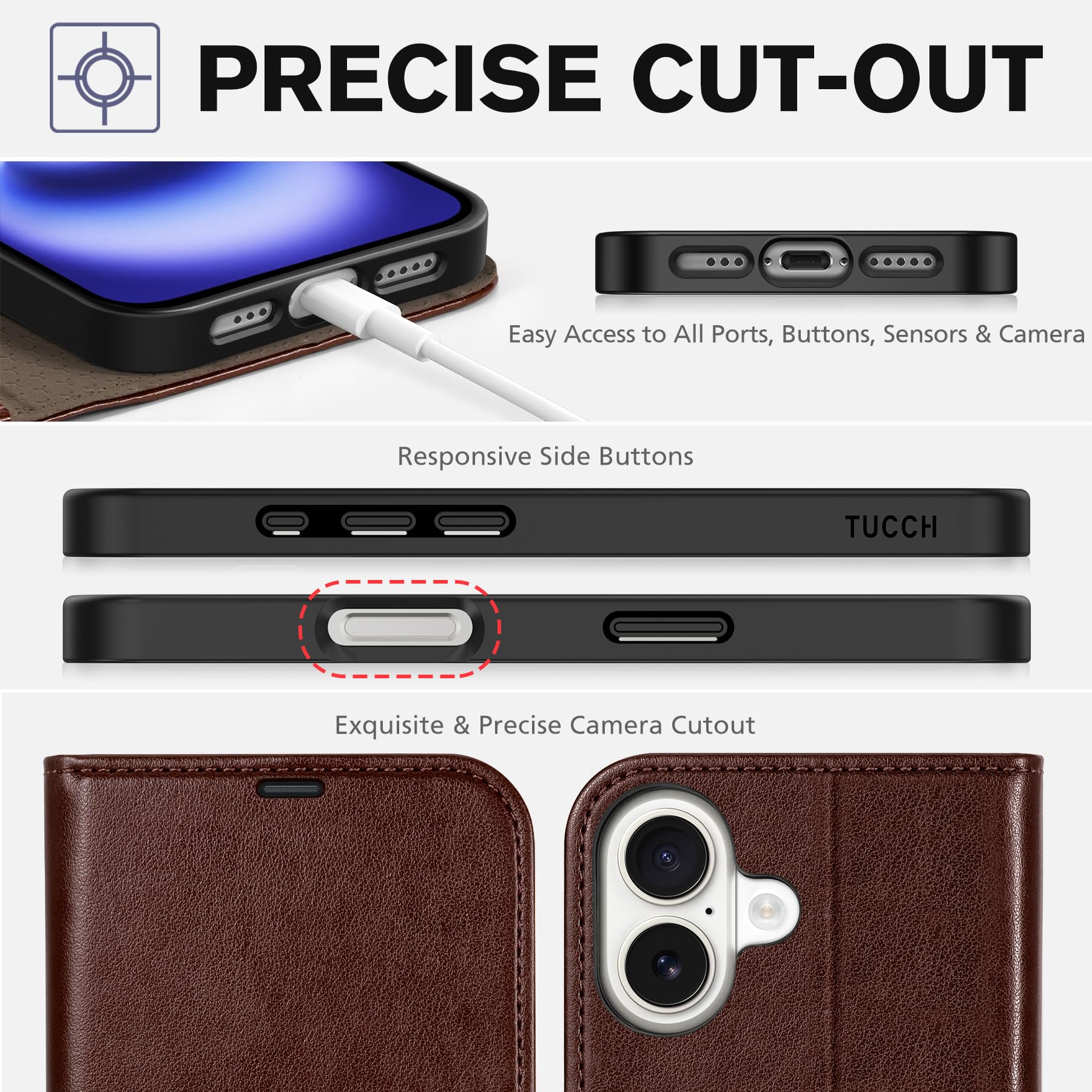 TUCCH Compatible with iPhone 16 Wallet Case, RFID Blocking 4 Card Holder Kickstand [Shockproof TPU Interior Shell], PU Leather Magnetic Closure Protective Flip Phone Cover, Black