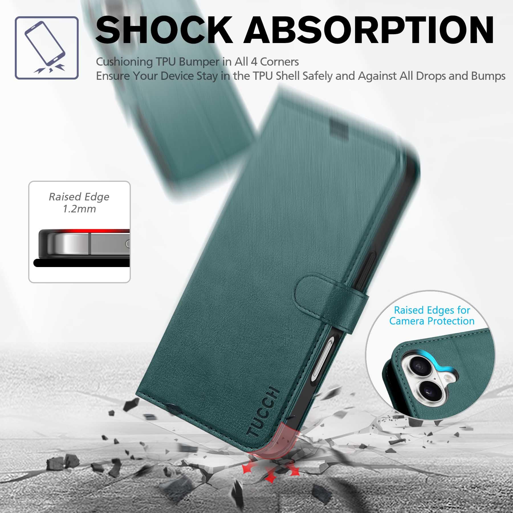 TUCCH Compatible with iPhone 16 Wallet Case, RFID Blocking 4 Card Holder Kickstand [Shockproof TPU Interior Shell], PU Leather Magnetic Closure Protective Flip Phone Cover, Black