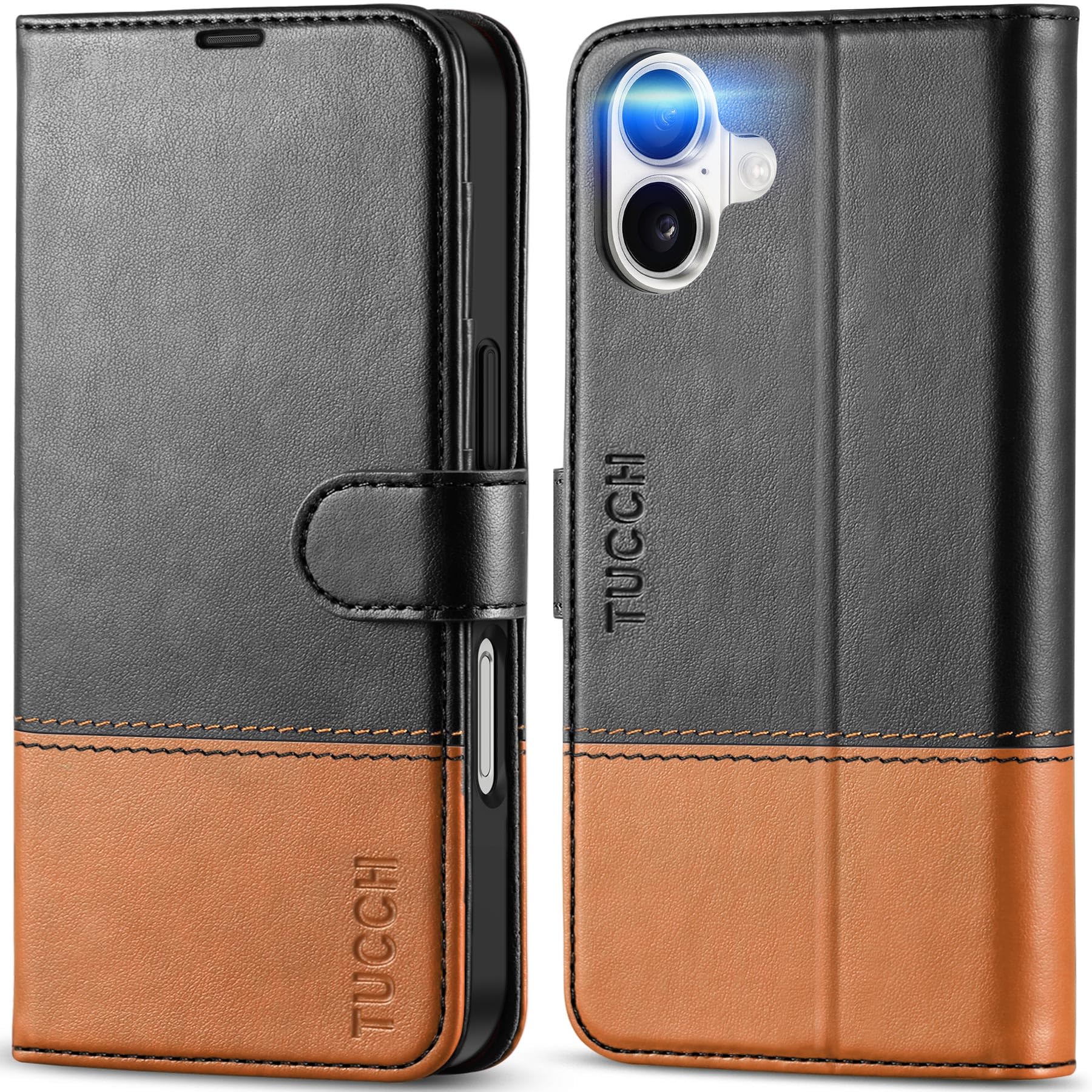 TUCCH Compatible with iPhone 16 Wallet Case, RFID Blocking 4 Card Holder Kickstand [Shockproof TPU Interior Shell], PU Leather Magnetic Closure Protective Flip Phone Cover, Black