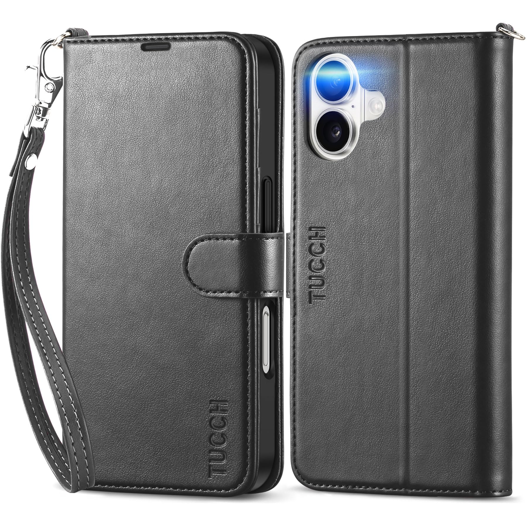 TUCCH Compatible with iPhone 16 Wallet Case, RFID Blocking 4 Card Holder Kickstand [Shockproof TPU Interior Shell], PU Leather Magnetic Closure Protective Flip Phone Cover, Black