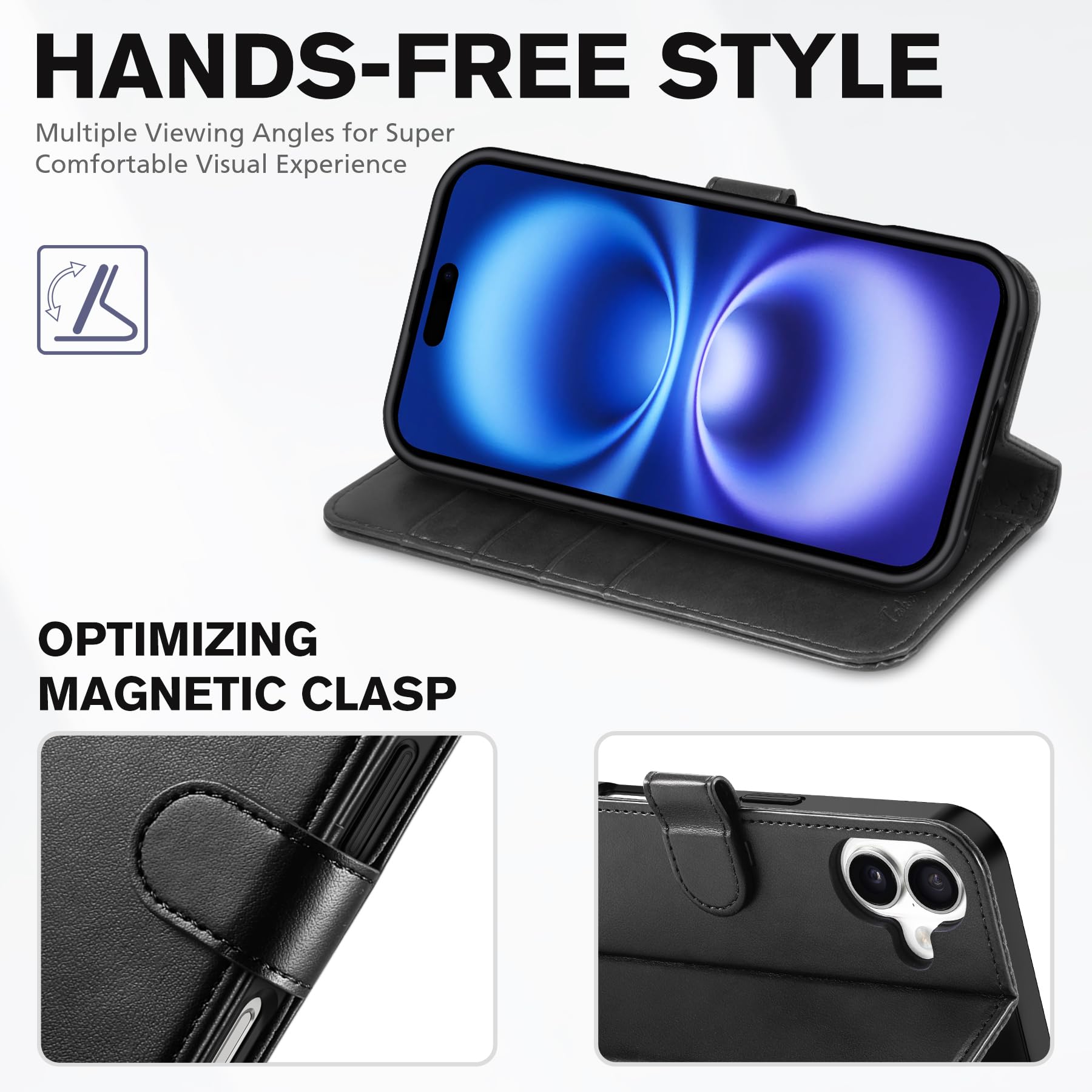 TUCCH Compatible with iPhone 16 Wallet Case, RFID Blocking 4 Card Holder Kickstand [Shockproof TPU Interior Shell], PU Leather Magnetic Closure Protective Flip Phone Cover, Black