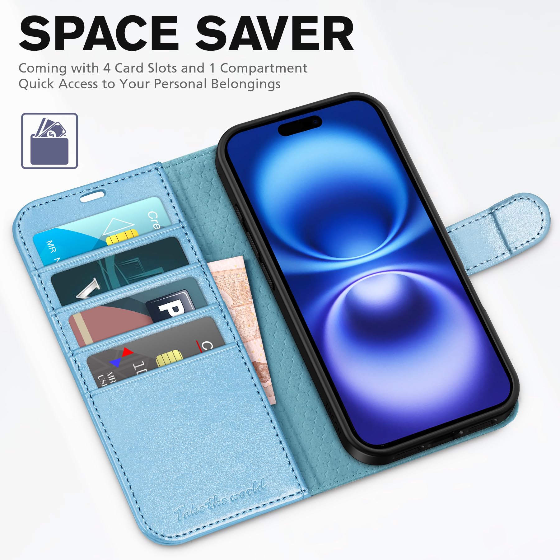 TUCCH Compatible with iPhone 16 Wallet Case, RFID Blocking 4 Card Holder Kickstand [Shockproof TPU Interior Shell], PU Leather Magnetic Closure Protective Flip Phone Cover, Black