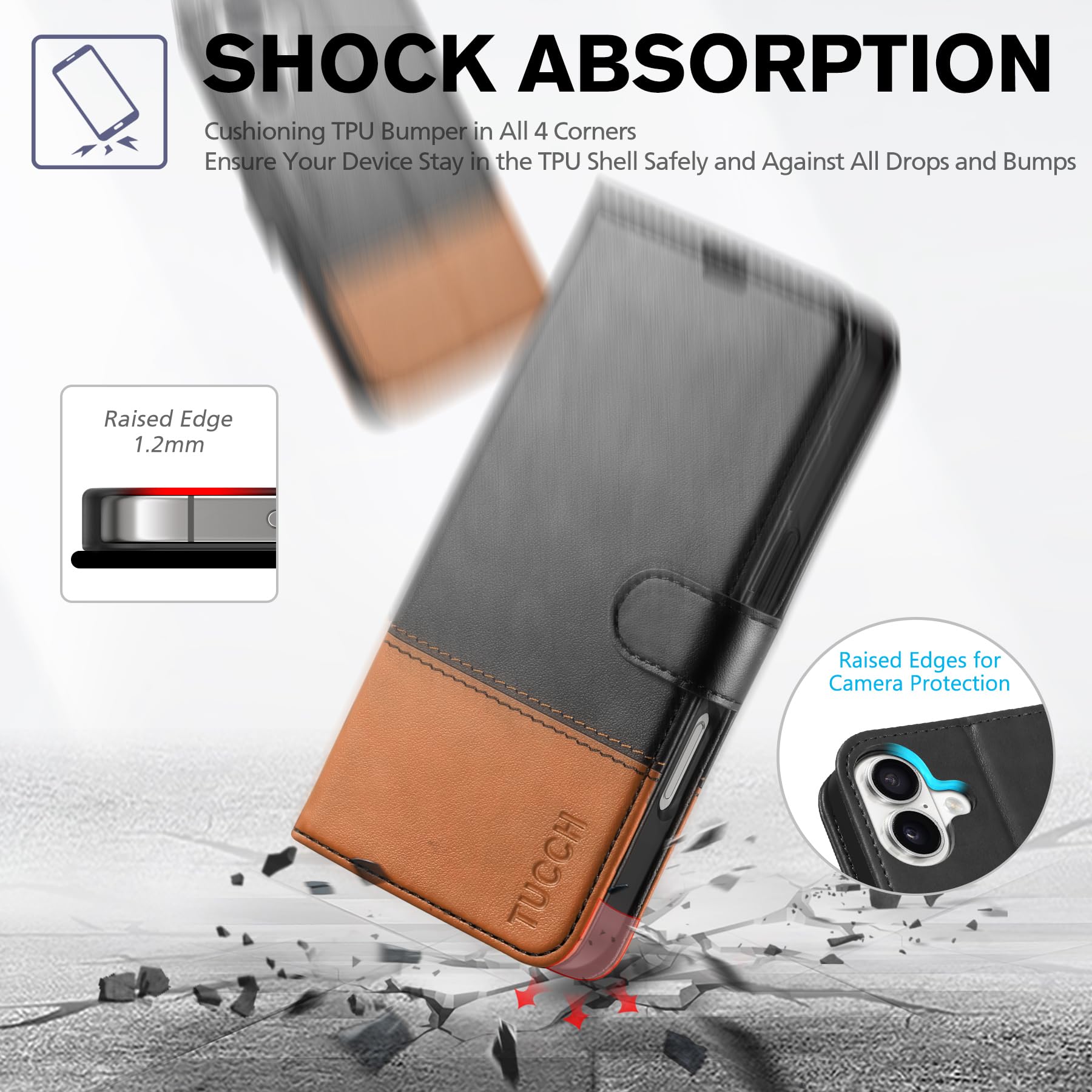 TUCCH Compatible with iPhone 16 Wallet Case, RFID Blocking 4 Card Holder Kickstand [Shockproof TPU Interior Shell], PU Leather Magnetic Closure Protective Flip Phone Cover, Black