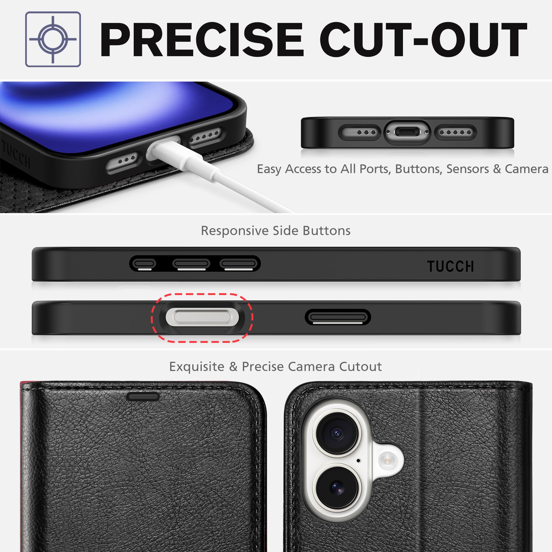 TUCCH Compatible with iPhone 16 Wallet Case, RFID Blocking 4 Card Holder Kickstand [Shockproof TPU Interior Shell], PU Leather Magnetic Closure Protective Flip Phone Cover, Black