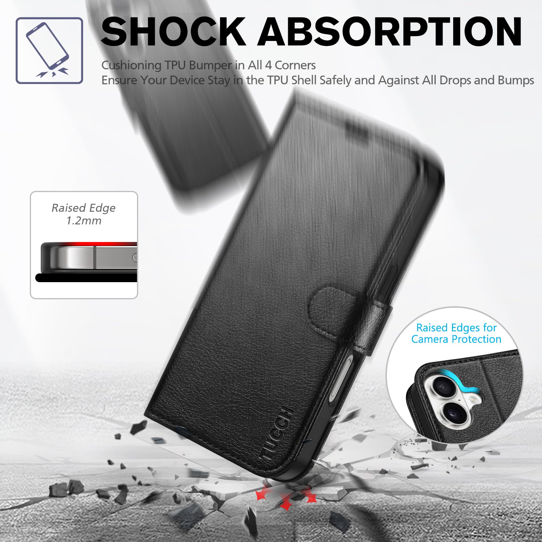 TUCCH Compatible with iPhone 16 Wallet Case, RFID Blocking 4 Card Holder Kickstand [Shockproof TPU Interior Shell], PU Leather Magnetic Closure Protective Flip Phone Cover, Black