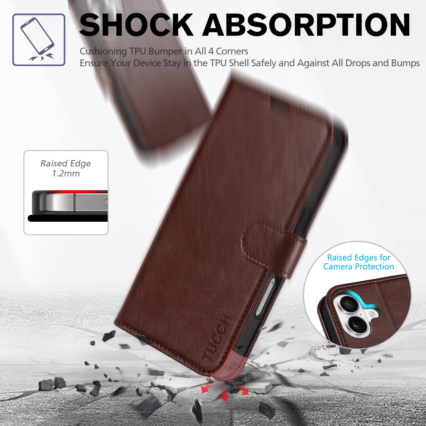 TUCCH Compatible with iPhone 16 Wallet Case, RFID Blocking 4 Card Holder Kickstand [Shockproof TPU Interior Shell], PU Leather Magnetic Closure Protective Flip Phone Cover, Black