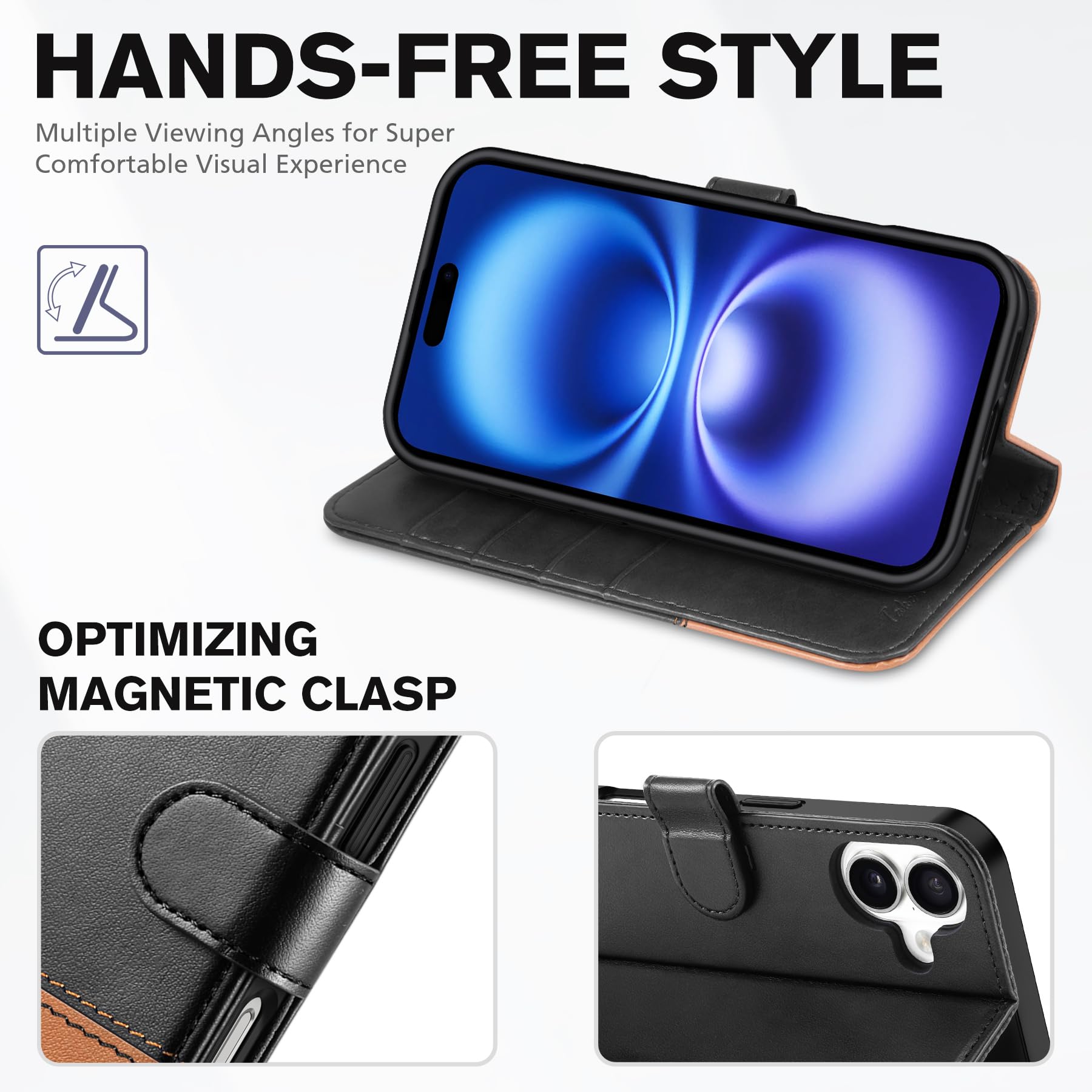 TUCCH Compatible with iPhone 16 Wallet Case, RFID Blocking 4 Card Holder Kickstand [Shockproof TPU Interior Shell], PU Leather Magnetic Closure Protective Flip Phone Cover, Black