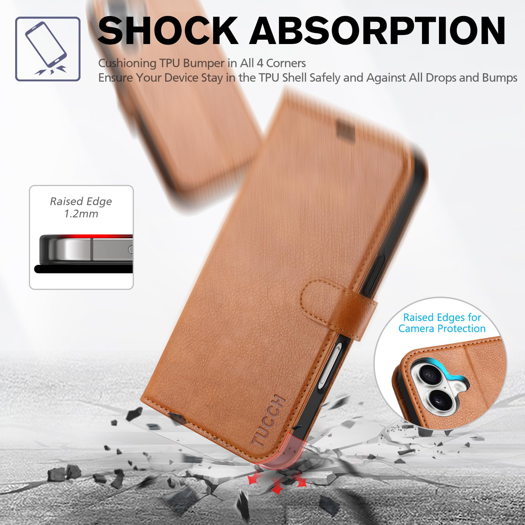 TUCCH Compatible with iPhone 16 Wallet Case, RFID Blocking 4 Card Holder Kickstand [Shockproof TPU Interior Shell], PU Leather Magnetic Closure Protective Flip Phone Cover, Black