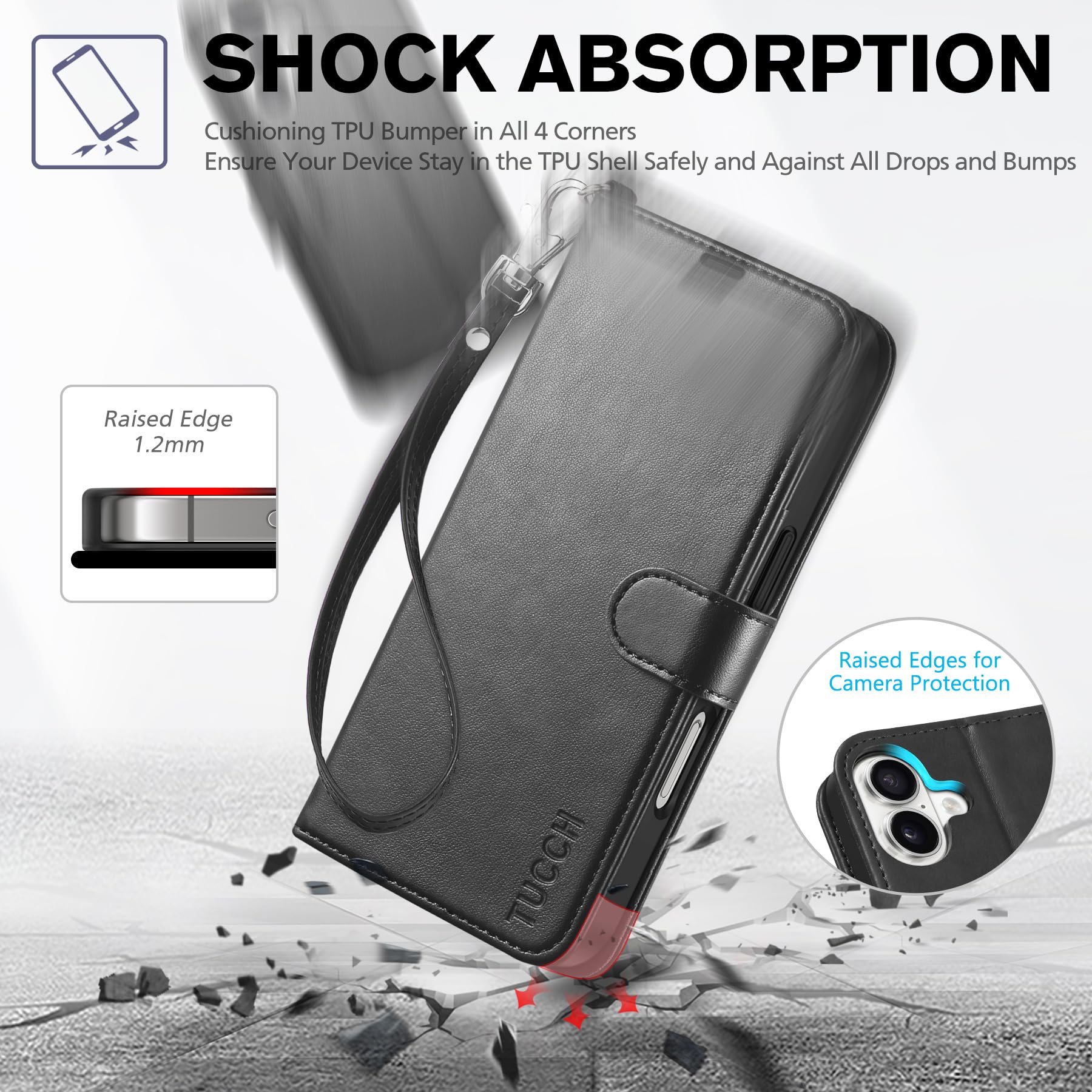 TUCCH Compatible with iPhone 16 Wallet Case, RFID Blocking 4 Card Holder Kickstand [Shockproof TPU Interior Shell], PU Leather Magnetic Closure Protective Flip Phone Cover, Black