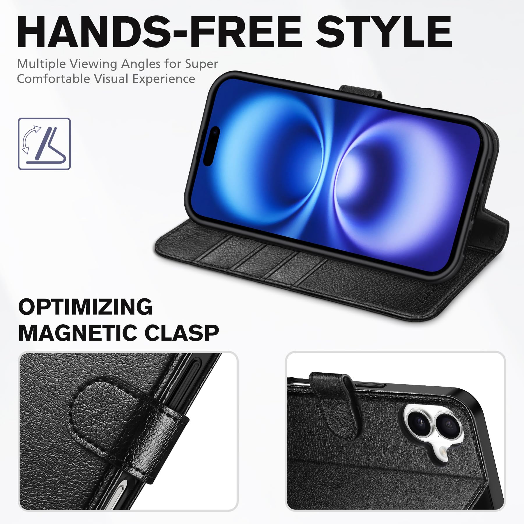 TUCCH Compatible with iPhone 16 Wallet Case, RFID Blocking 4 Card Holder Kickstand [Shockproof TPU Interior Shell], PU Leather Magnetic Closure Protective Flip Phone Cover, Black