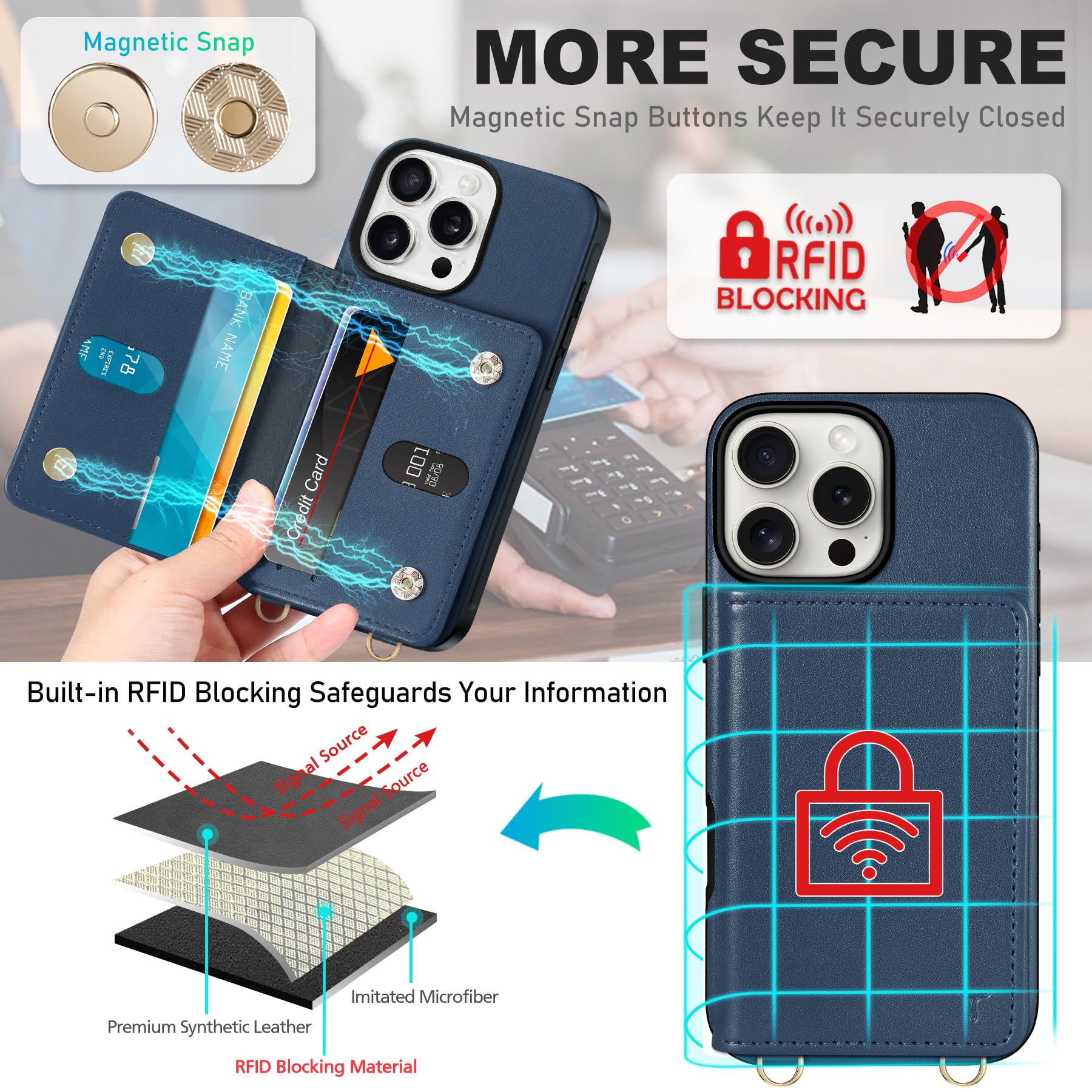 TUCCH Crossbody Wallet Case for iPhone 16 Pro (6.3"), RFID Blocking [6 Card Slots][Detachable Adjustable Lanyard], Magnetic Flip Wallet PU Leather Shockproof Phone Cover for iPhone 16 Pro, Black