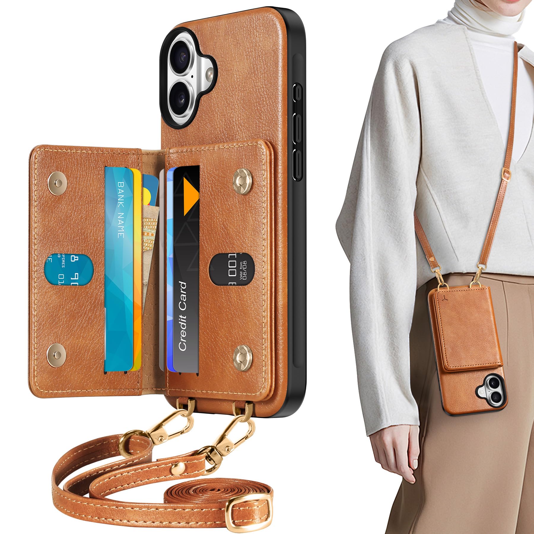 TUCCH Crossbody Wallet Case for iPhone 16 Pro (6.3"), RFID Blocking [6 Card Slots][Detachable Adjustable Lanyard], Magnetic Flip Wallet PU Leather Shockproof Phone Cover for iPhone 16 Pro, Black