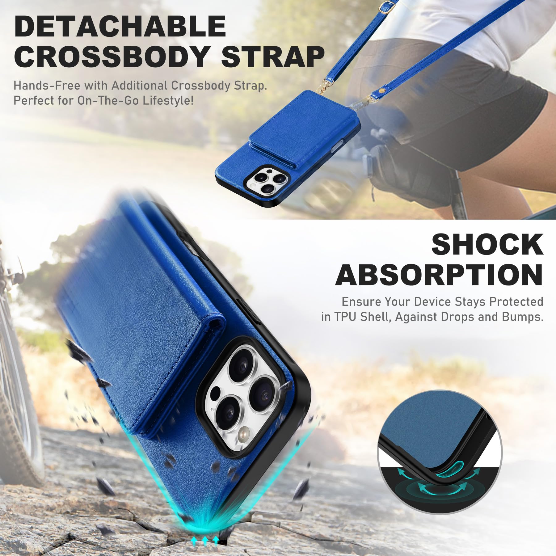 TUCCH Crossbody Wallet Case for iPhone 16 Pro (6.3"), RFID Blocking [6 Card Slots][Detachable Adjustable Lanyard], Magnetic Flip Wallet PU Leather Shockproof Phone Cover for iPhone 16 Pro, Black