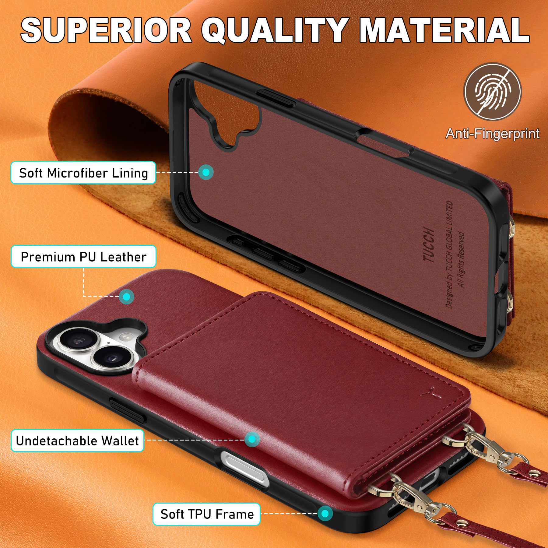 TUCCH Crossbody Wallet Case for iPhone 16 Pro (6.3"), RFID Blocking [6 Card Slots][Detachable Adjustable Lanyard], Magnetic Flip Wallet PU Leather Shockproof Phone Cover for iPhone 16 Pro, Black