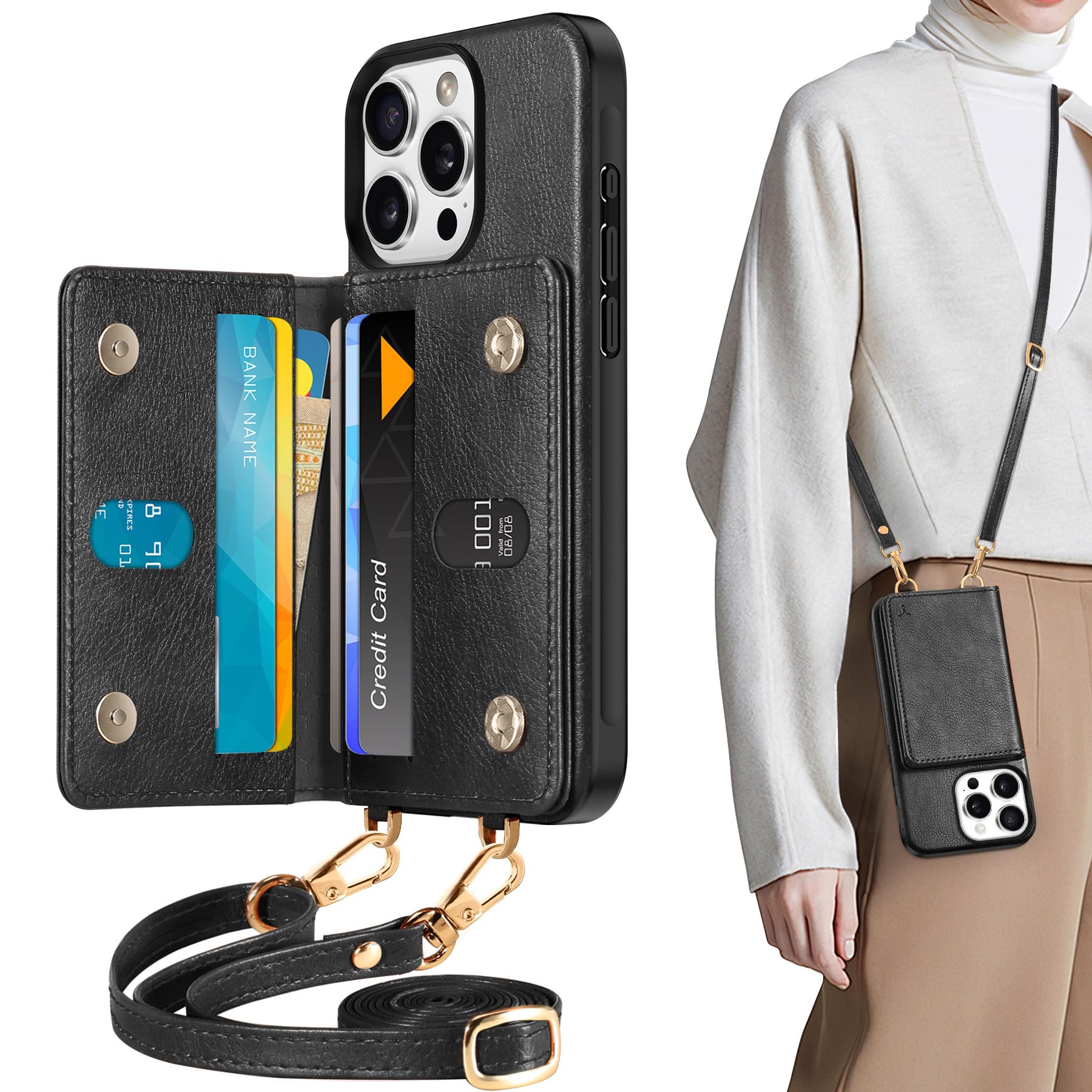 TUCCH Crossbody Wallet Case for iPhone 16 Pro (6.3"), RFID Blocking [6 Card Slots][Detachable Adjustable Lanyard], Magnetic Flip Wallet PU Leather Shockproof Phone Cover for iPhone 16 Pro, Black