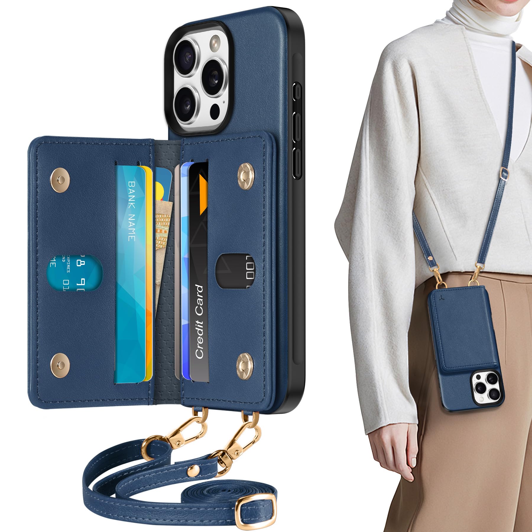 TUCCH Crossbody Wallet Case for iPhone 16 Pro (6.3"), RFID Blocking [6 Card Slots][Detachable Adjustable Lanyard], Magnetic Flip Wallet PU Leather Shockproof Phone Cover for iPhone 16 Pro, Black