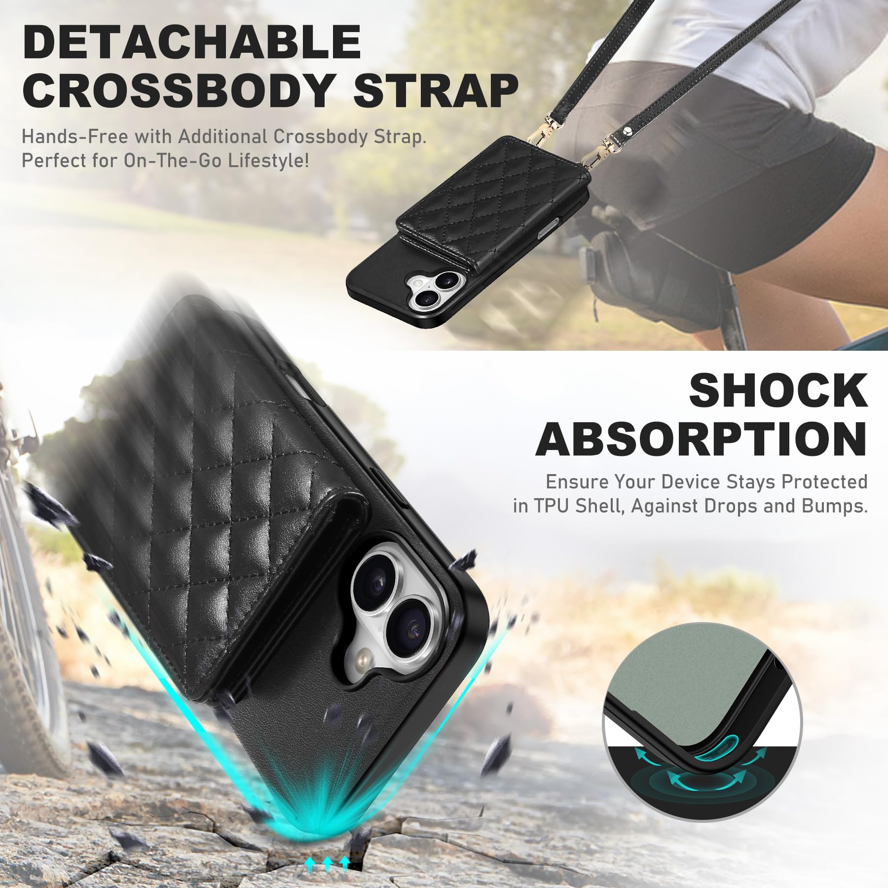 TUCCH Crossbody Wallet Case for iPhone 16 Pro (6.3"), RFID Blocking [6 Card Slots][Detachable Adjustable Lanyard], Magnetic Flip Wallet PU Leather Shockproof Phone Cover for iPhone 16 Pro, Black