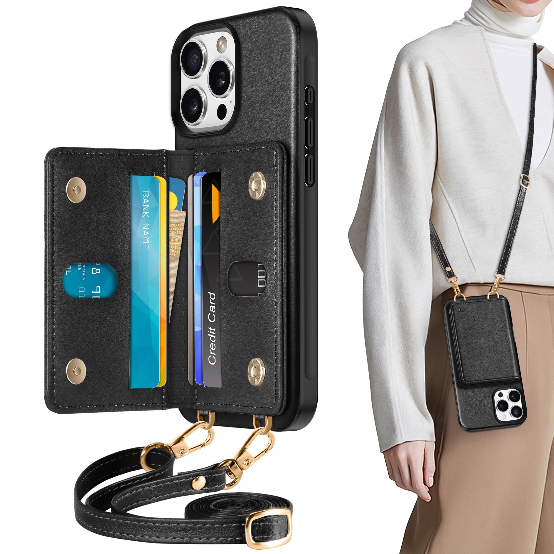 TUCCH Crossbody Wallet Case for iPhone 16 Pro (6.3"), RFID Blocking [6 Card Slots][Detachable Adjustable Lanyard], Magnetic Flip Wallet PU Leather Shockproof Phone Cover for iPhone 16 Pro, Black